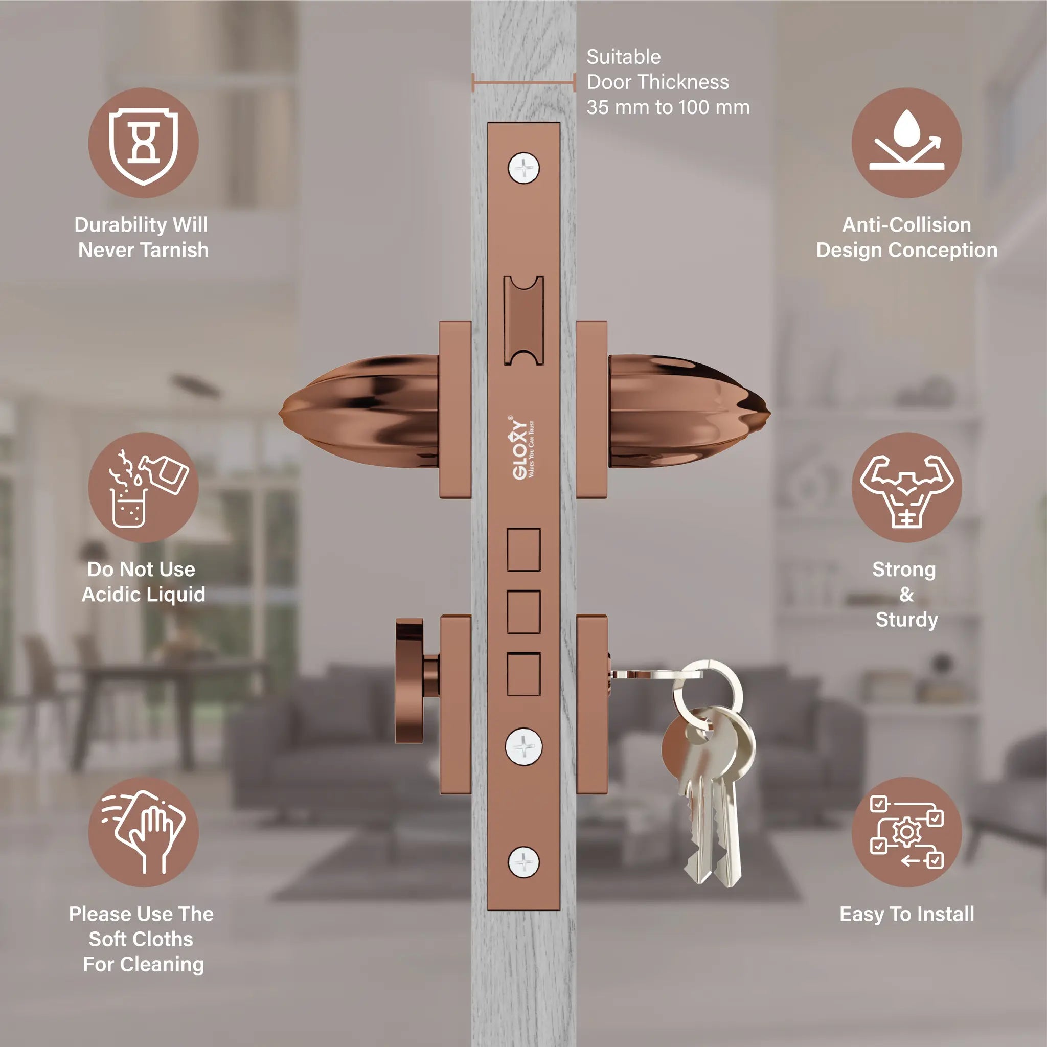 Gloxy Forta Series Rose Gold Finish Mortise Main Door Key Lock With Handle