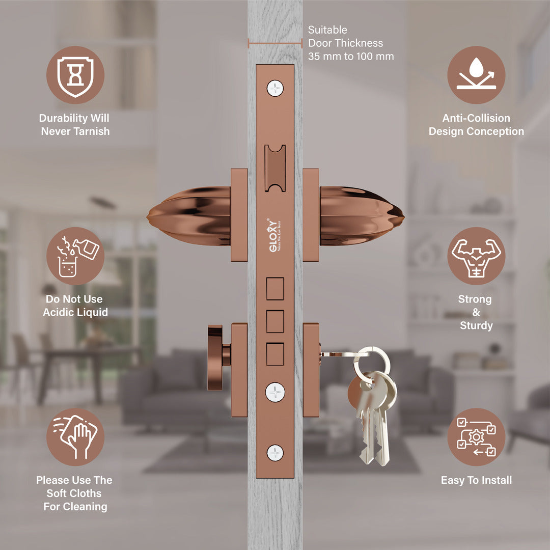Style Mute Handle Lock Mortise Door Locks for Main Door Handle Set with Brass Lock Body Set(Rose Gold)-by GLOXY®