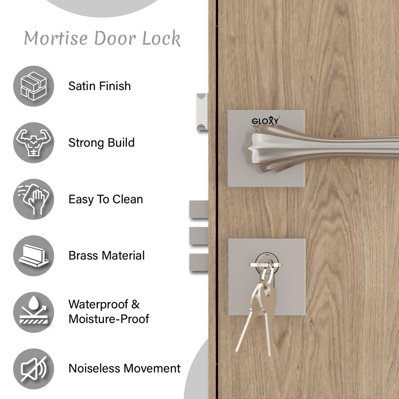 Mortise Door Handles Main Door Lock Handles Set with 3 Keys for Safety of Home | Bedroom, Office, Hotel, Home(Satin Chrome)-by GLOXY®