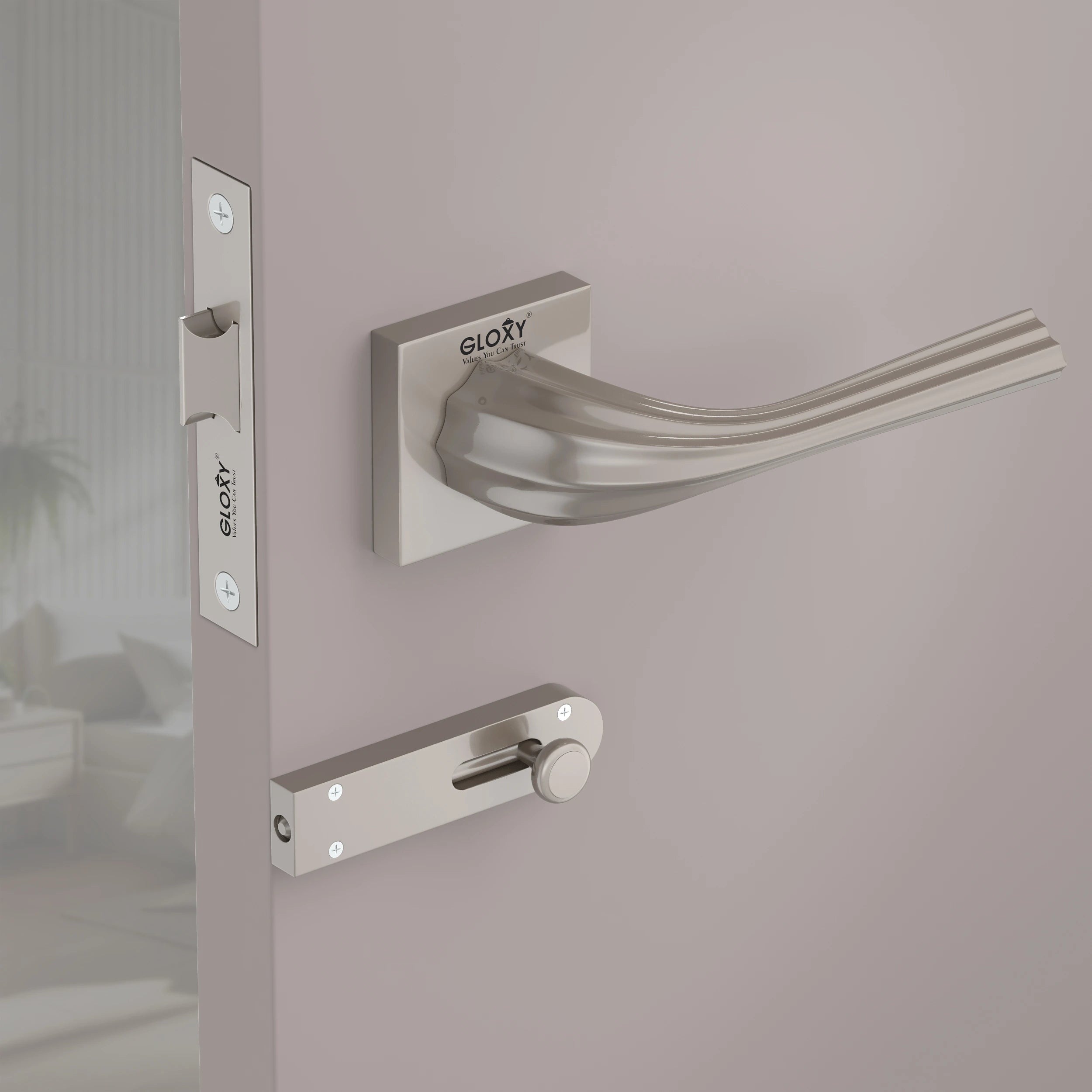 Gloxy Forta Series Satin Chrome Finish Mortise Bathroom Door Latch Lock With Handle