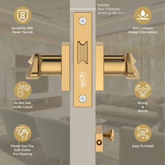 Gloxy Mortise Baby Latch Locks for Bathroom Door Lock, Balcony Store Room Door Lock, Mortise Keyless Handle Set with Brass Baby Latch for All Door| Gold Finish (2 Years Warranty, Pack of 1)