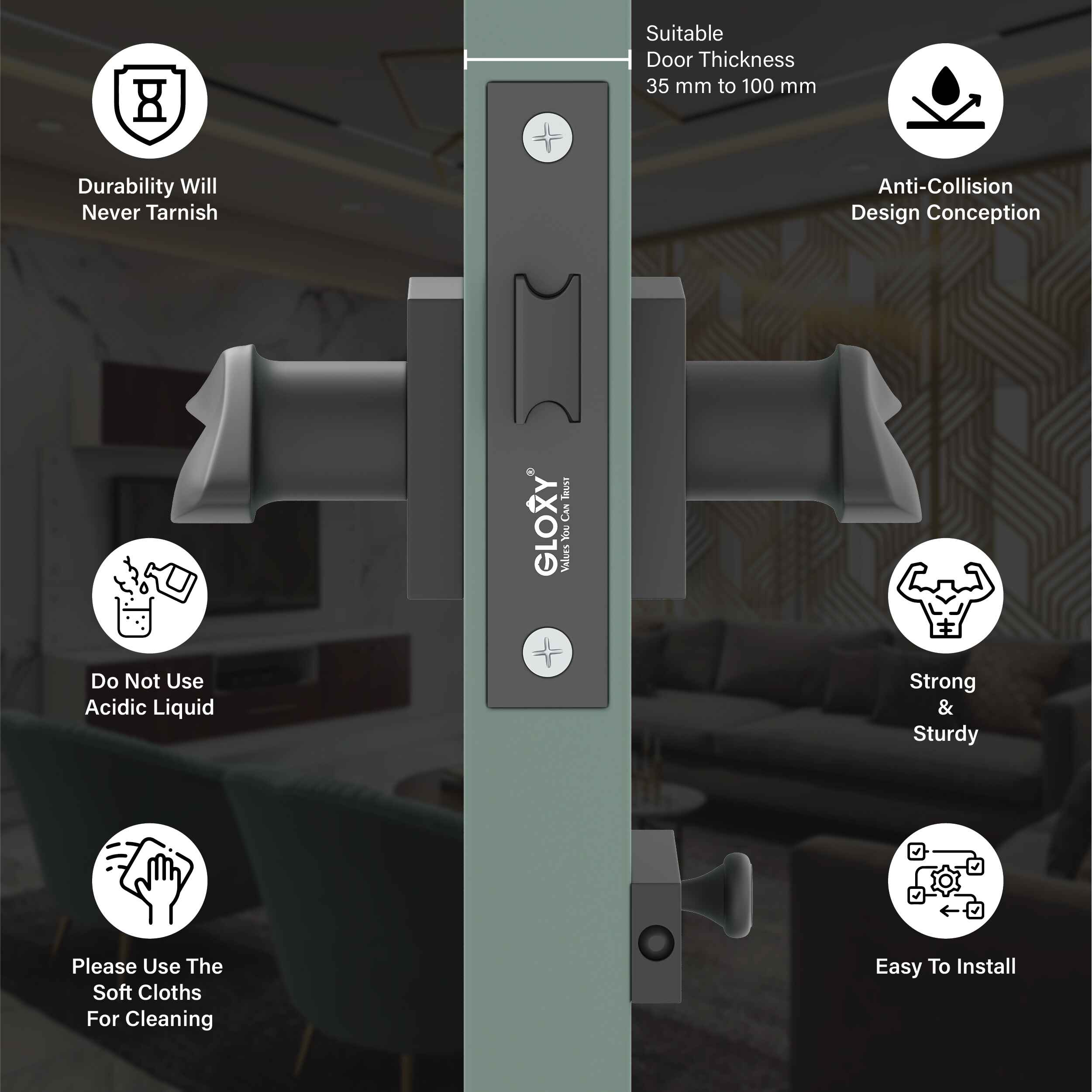 Gloxy Baby Latch Door Locks for Bathroom Door Lock, Balcony Mortise Keyless Pull Handle Set with Brass Baby Latch for Home, Kitchen | Black Finish (2 Years Warranty, Pack of 1)