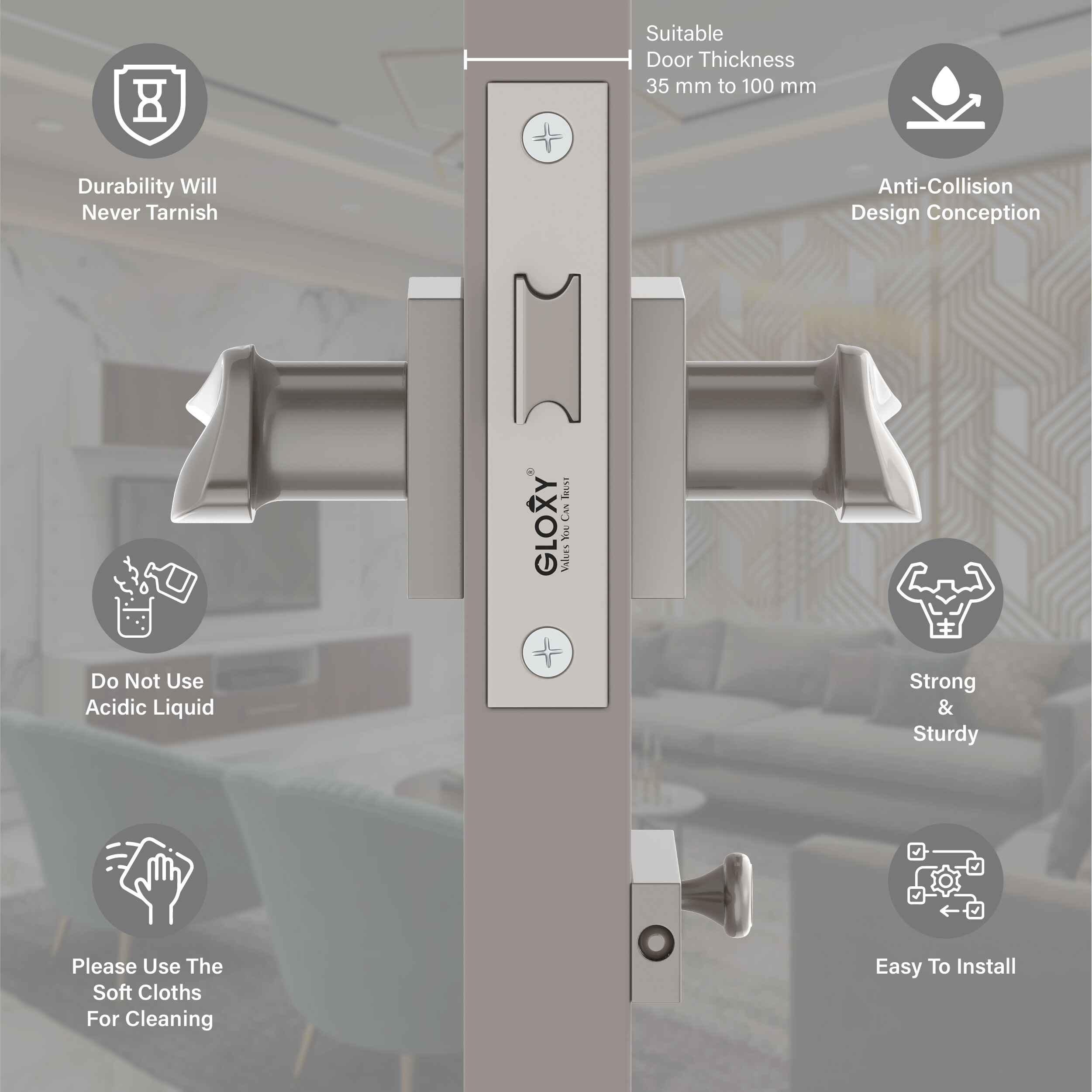 GLOXY Brass Door Lock for Balcony Store Room Door Lock, Mortise Keyless Handle Set with Brass Baby Latch for Home,Office,Hotel | Satin & Black Finish (2 Years Warranty, Pack of 1)