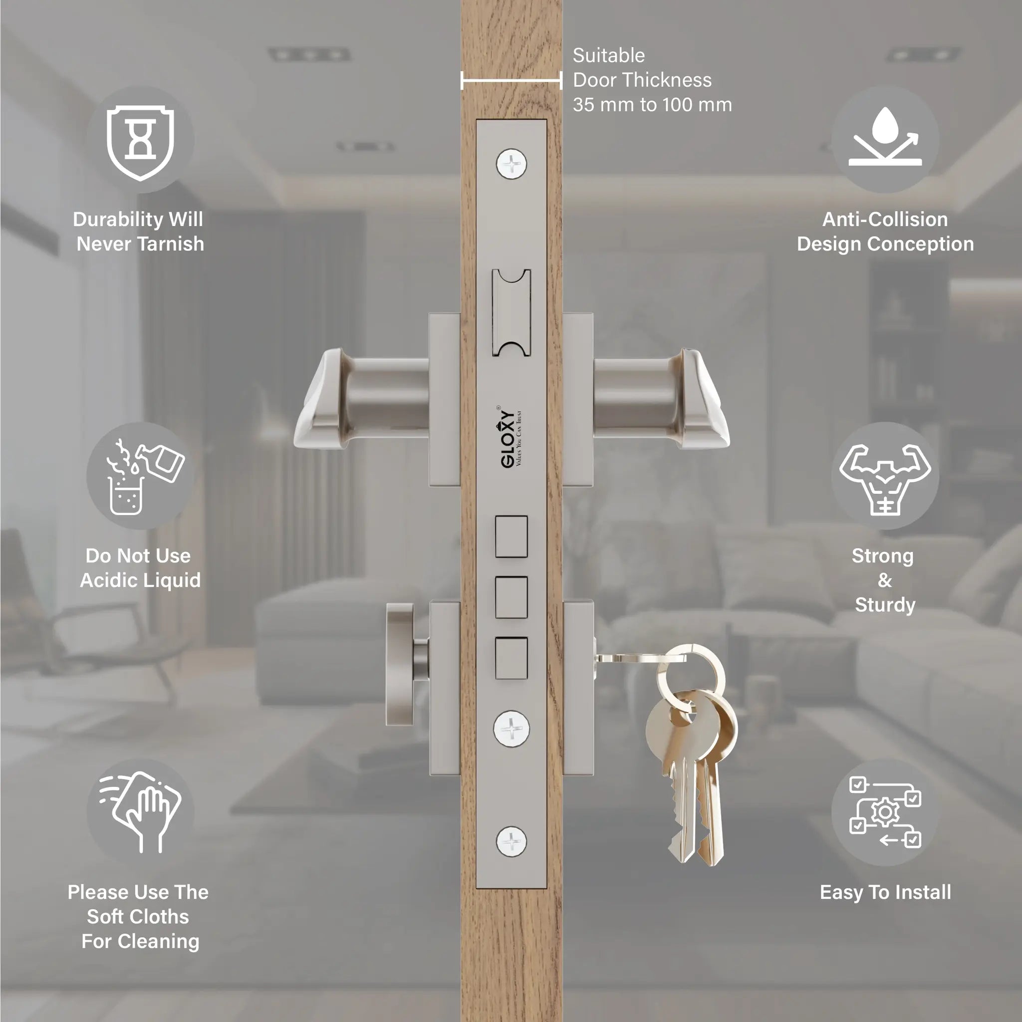 Gloxy Turox Series Satin Chrome Finish Mortise Main Door key Lock With Handle