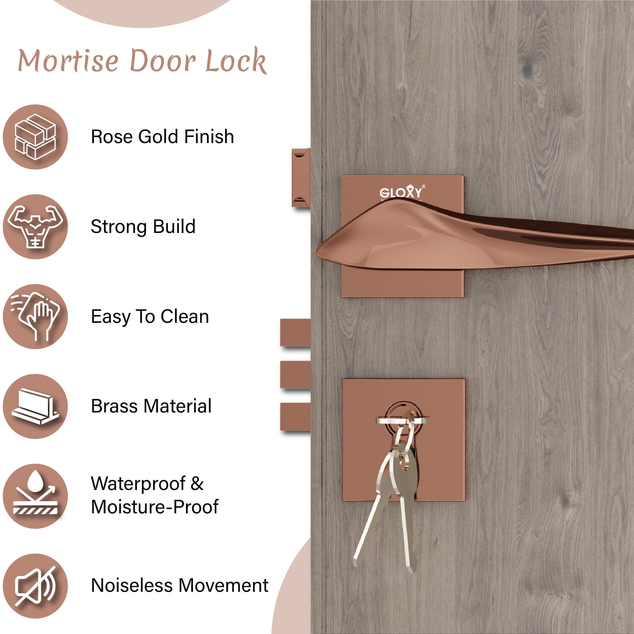 Mortise Door Lock, High-Security Door Lock for Main Door & Bedroom, Durable Handle Set(Rose Gold)-by GLOXY®