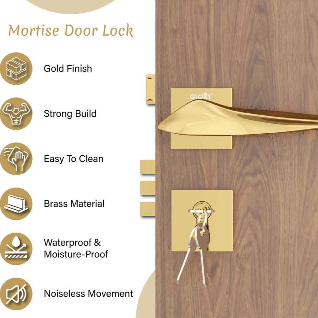 Mortise Door Lock, High-Security Door Lock for Main Door & Bedroom, Durable Handle Set(Gold)-by GLOXY®