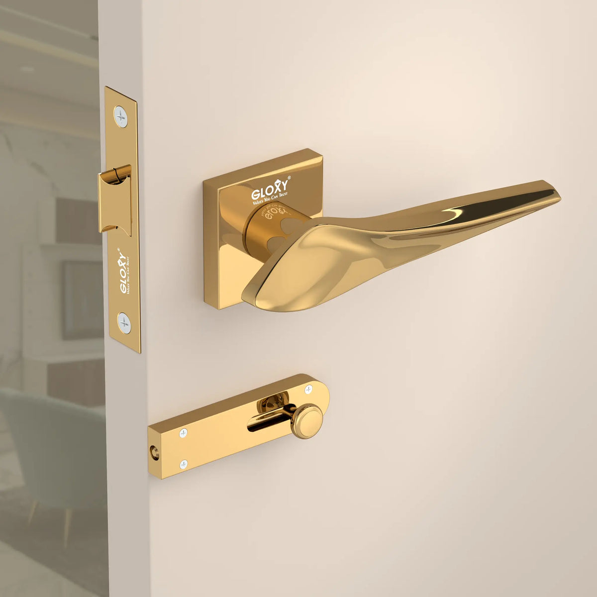Gloxy Mortise Baby Latch Locks for Bathroom Door Lock, Balcony Store Room Door Lock, Mortise Keyless Handle Set with Brass Baby Latch for All Door| Gold Finish (2 Years Warranty, Pack of 1)