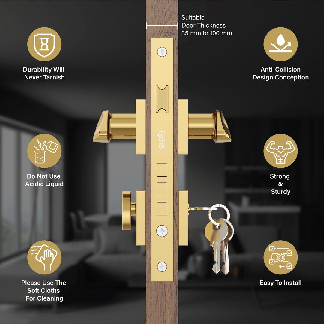 Mortise Door Lock, High-Security Door Lock for Main Door & Bedroom, Durable Handle Set(Gold)-by GLOXY®