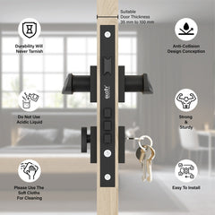 Mortise Locks Main Door Lock Handles Set with 3 Brass Key for Home, Office, Hotel(Black)-by GLOXY®