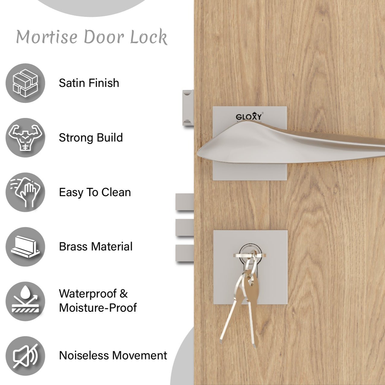 Mortise Door Handles Main Door Lock Handles Set with 3 Keys for Safety of Home | Bedroom, Office, Hotel, Home(Satin Chrome)-by GLOXY®