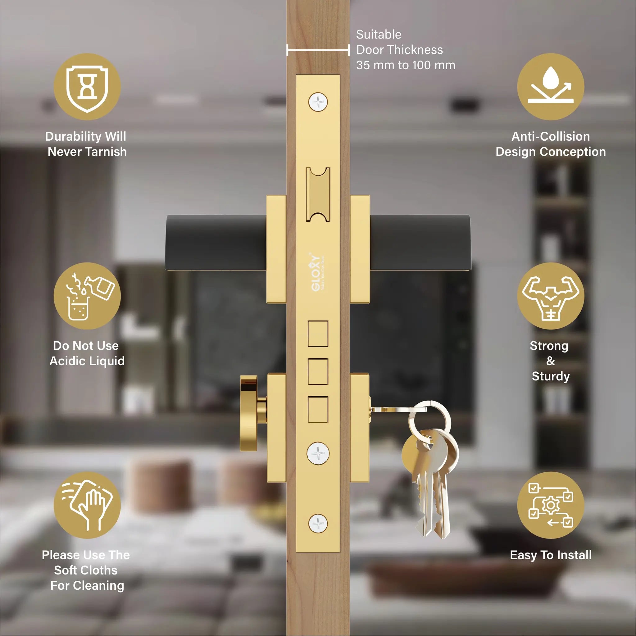 Mortise Door Handles Main Door Lock Handles Set with 3 Keys for Safety of Home | Bedroom, Office, Hotel, Home(Gold)-by GLOXY®