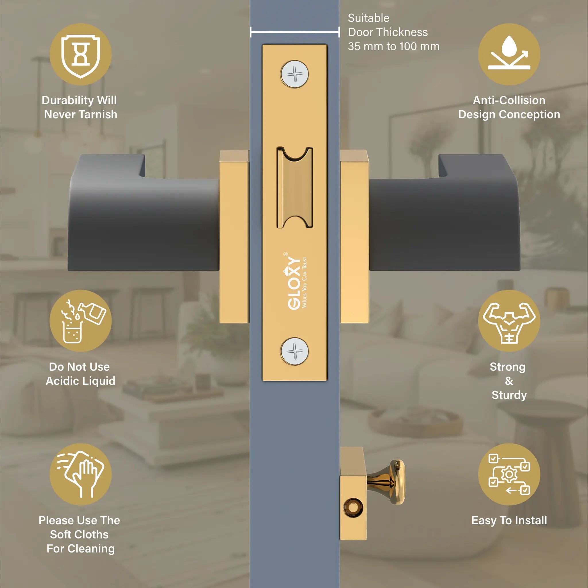 GLOXY Brass Door Lock for Balcony Store Room Door Lock, Mortise Keyless Handle Set with Brass Baby Latch for Home,Office,Hotel | Gold & Black Finish (2 Years Warranty, Pack of 1)