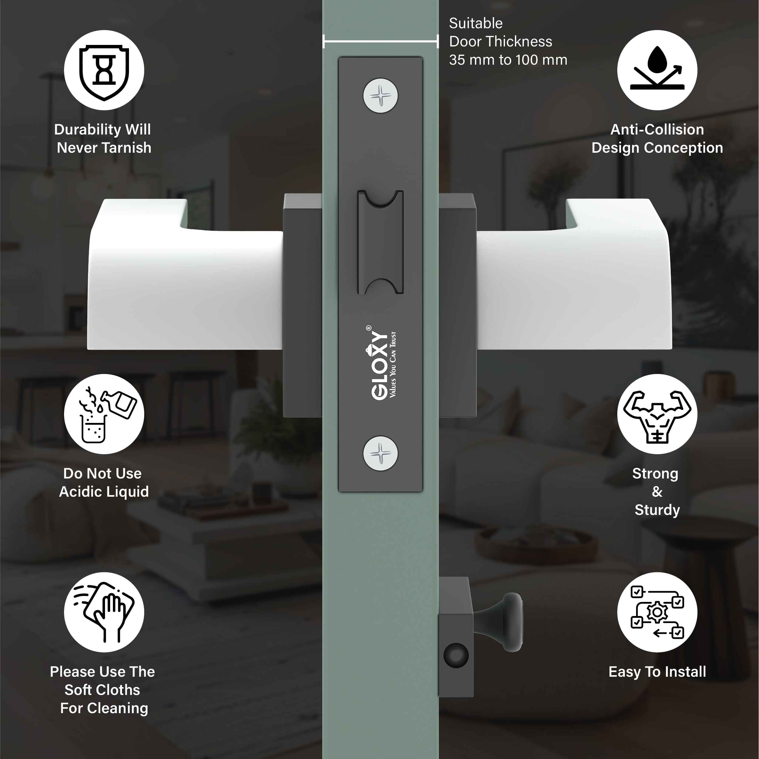 GLOXY Brass Door Lock for Balcony Store Room Door Lock, Mortise Keyless Handle Set with Brass Baby Latch for Home,Office,Hotel | Black & White Finish (2 Years Warranty, Pack of 1)