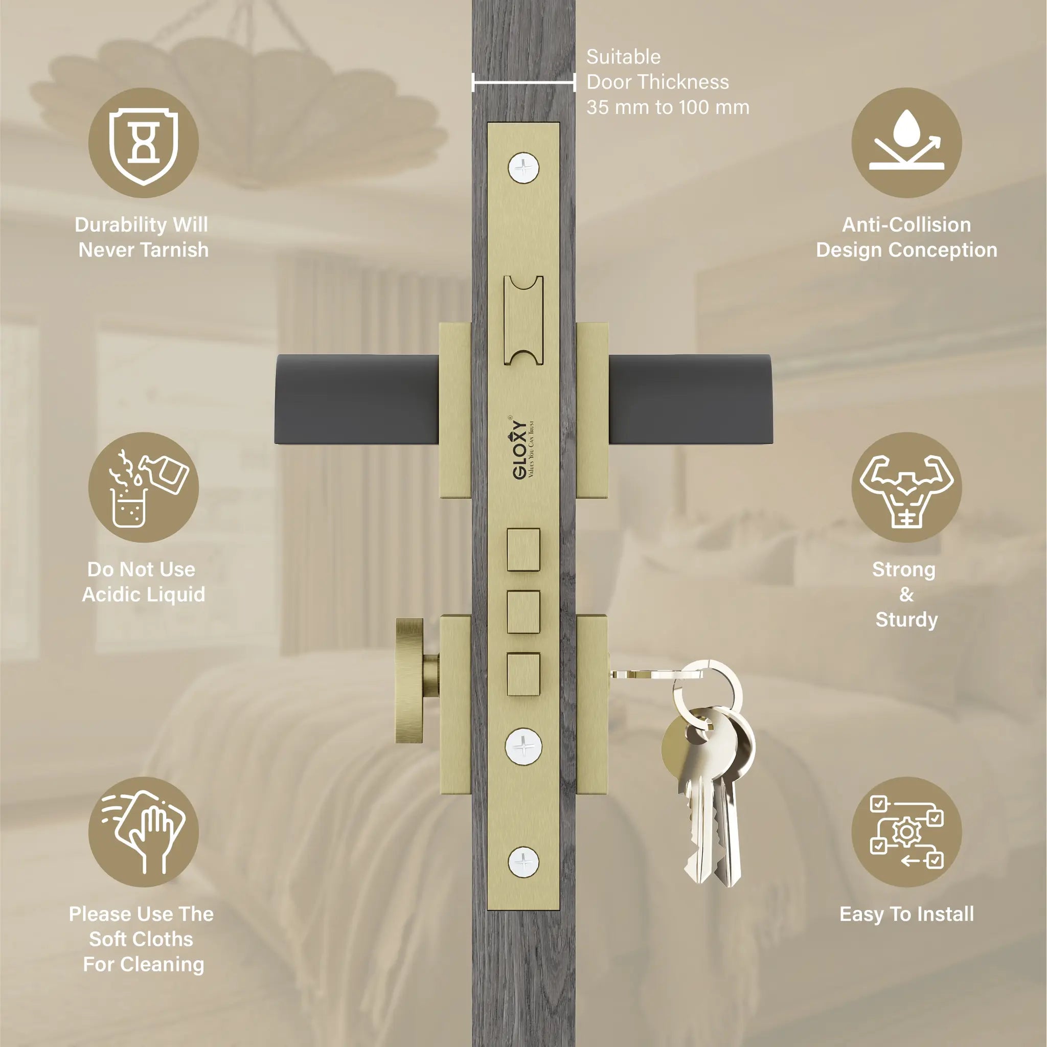 Gloxy Laxon Series Antique Finish Mortise Main Door key Lock With Handle