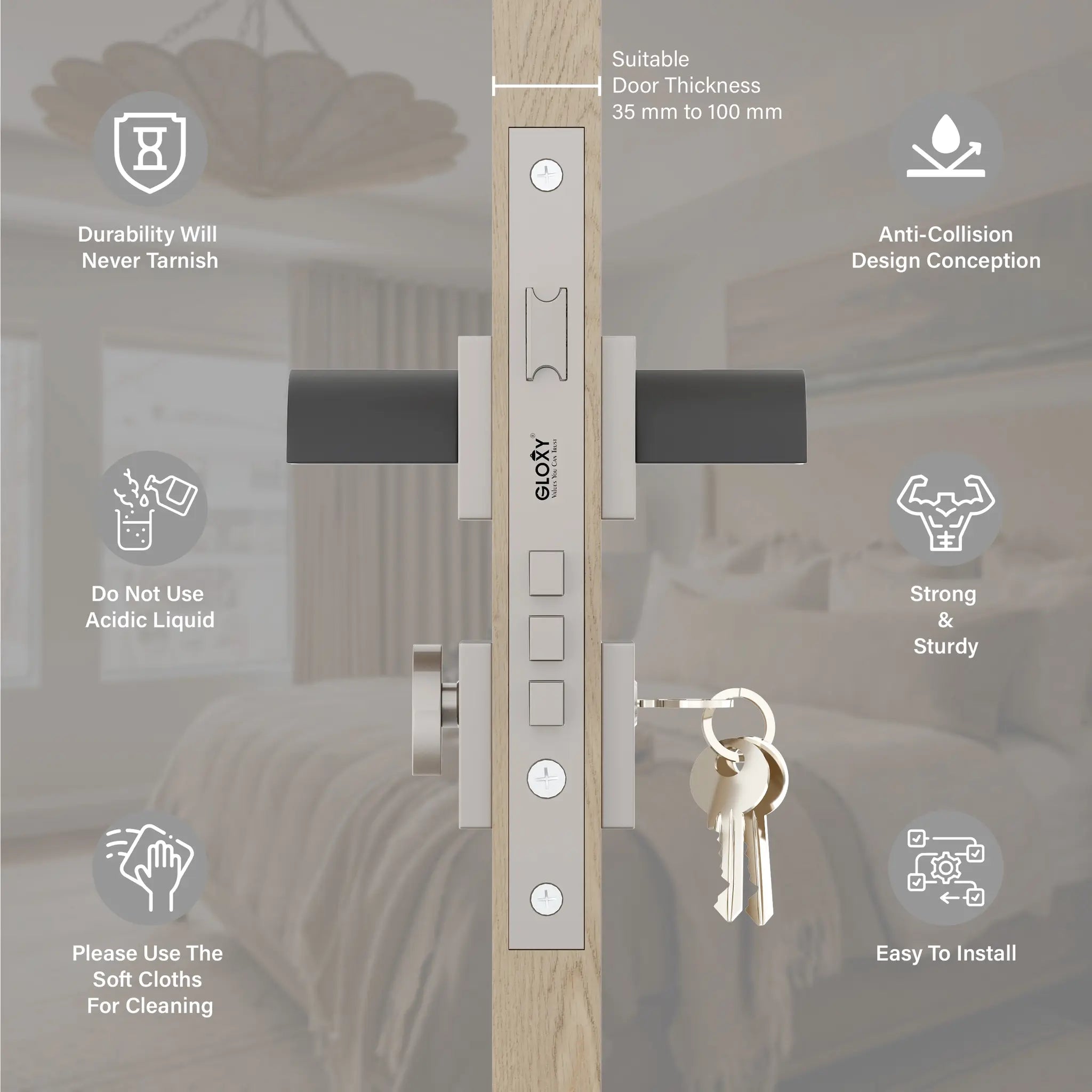 Mortise Door Handles Main Door Lock Handles Set with 3 Keys for Safety of Home | Bedroom, Office, Hotel, Home(Black)-by GLOXY®