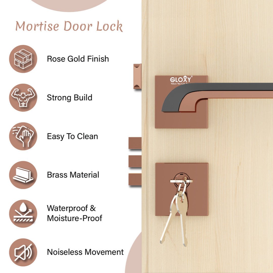 Mortise Door Handles Main Door Lock Handles Set with 3 Keys for Safety of Home | Bedroom, Office, Hotel, Home(Rose Gold)-by GLOXY®