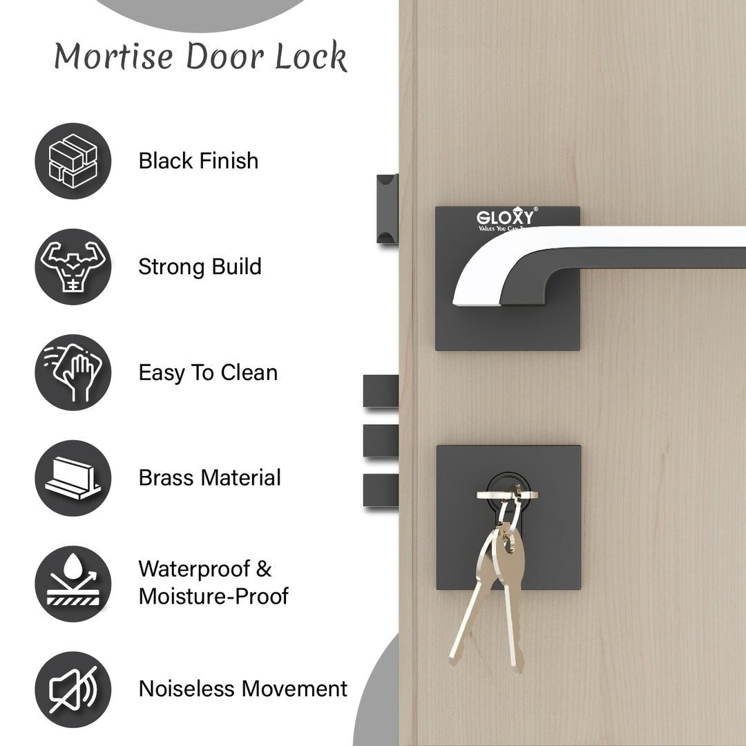 Mortise Door Handles Main Door Lock Handles Set with 3 Keys for Safety of Home | Bedroom, Office, Hotel, Home(Black)-by GLOXY®