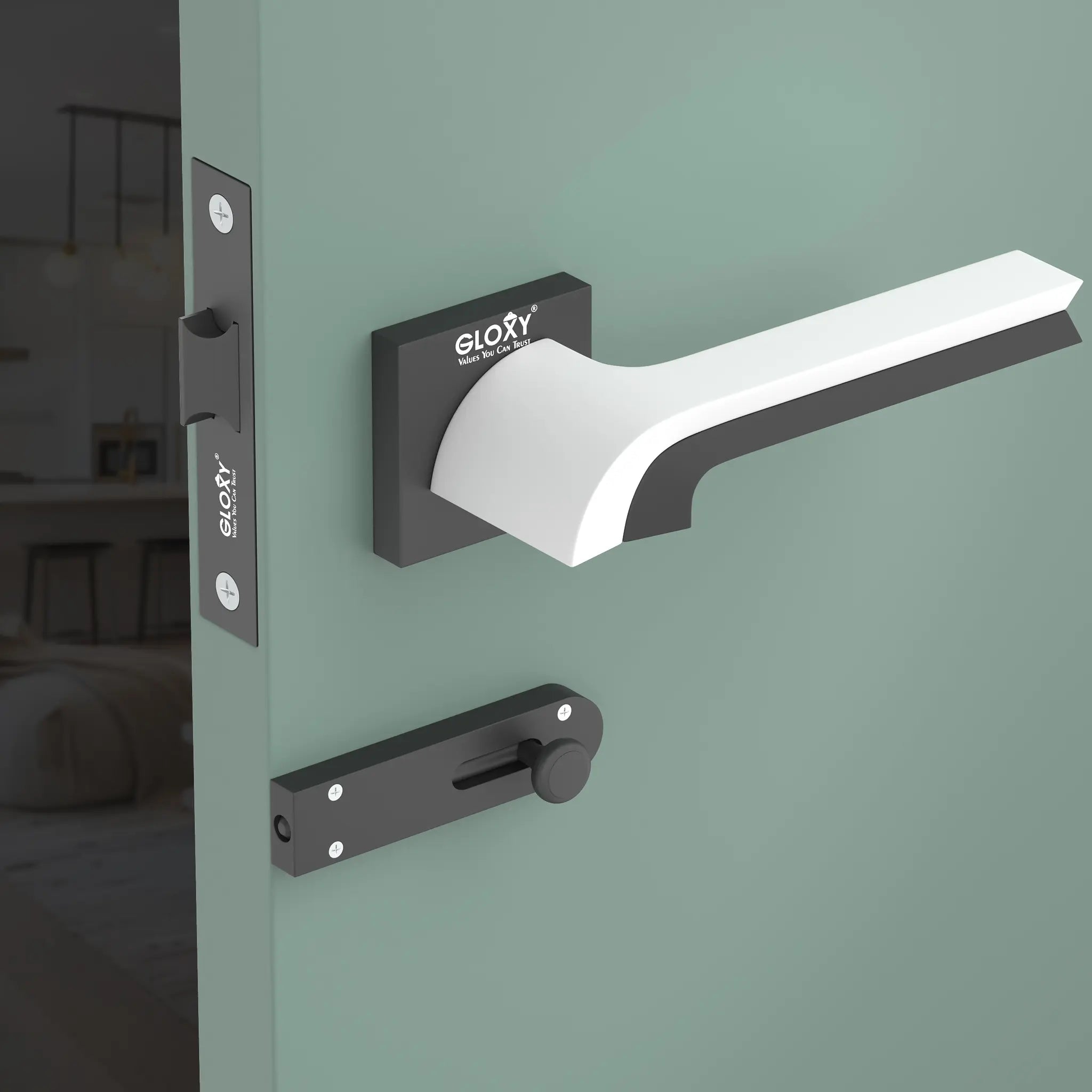 Gloxy Laxon Series Black Finish Mortise Bathroom Door Latch Lock With Handle