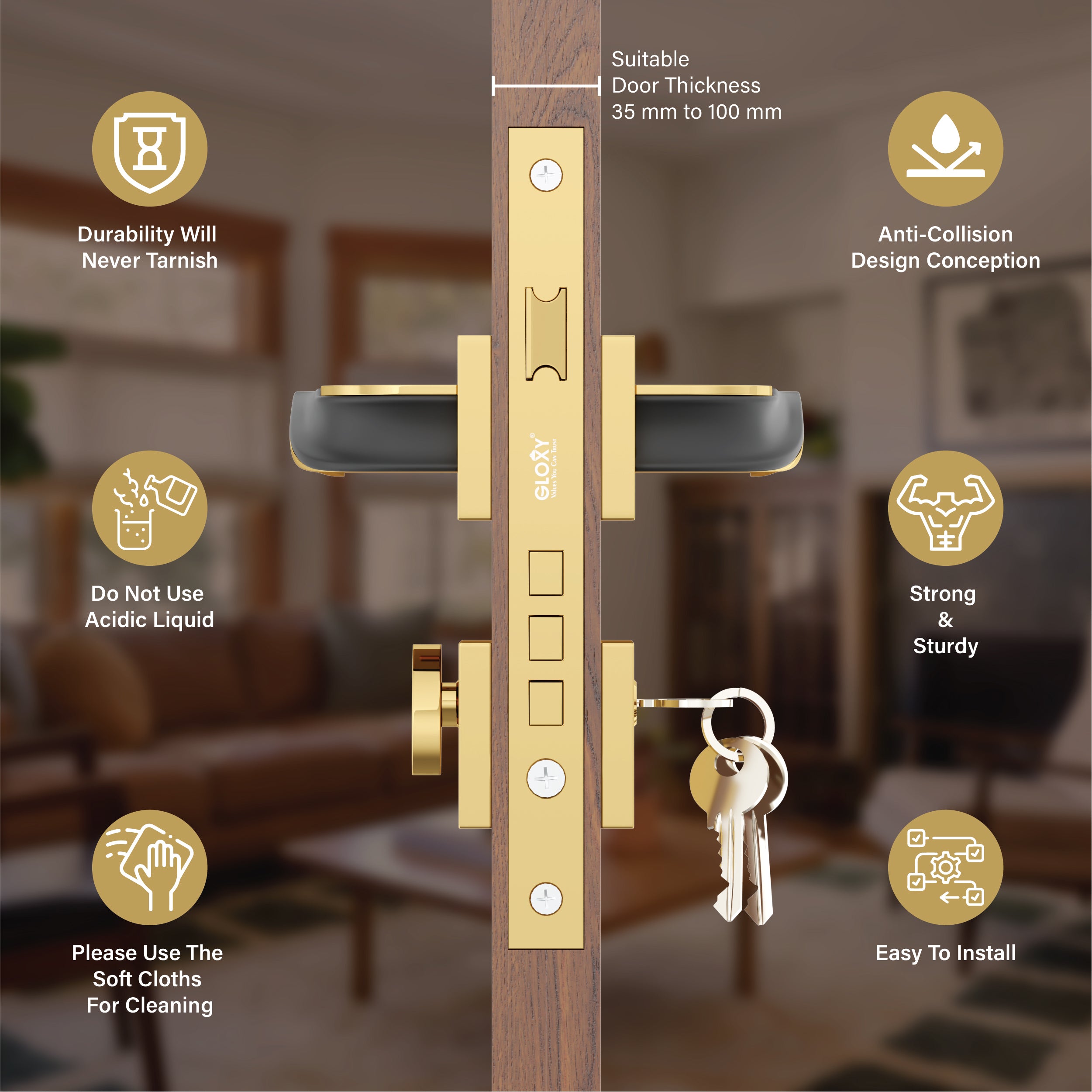 Mortise Door Handles Main Door Lock Handles Set with 3 Keys for Safety of Home | Bedroom, Office, Hotel, Home(Gold)-by GLOXY®