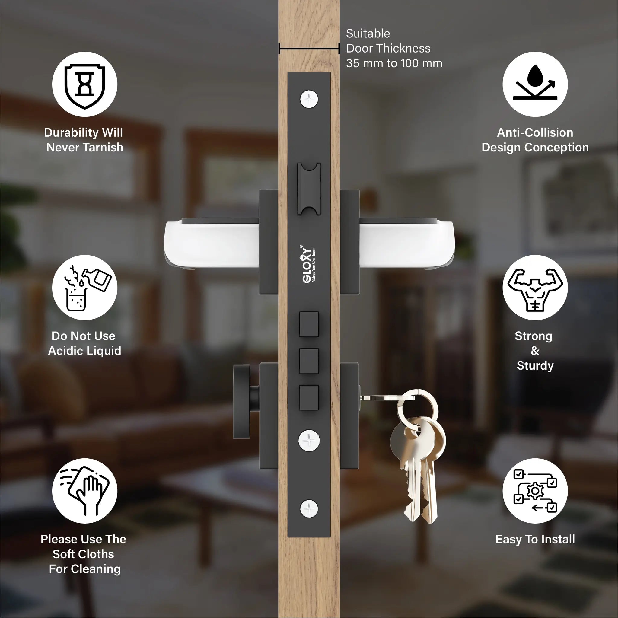 Gloxy Morza Series Black Finish Mortise Main Door key Lock With Handle