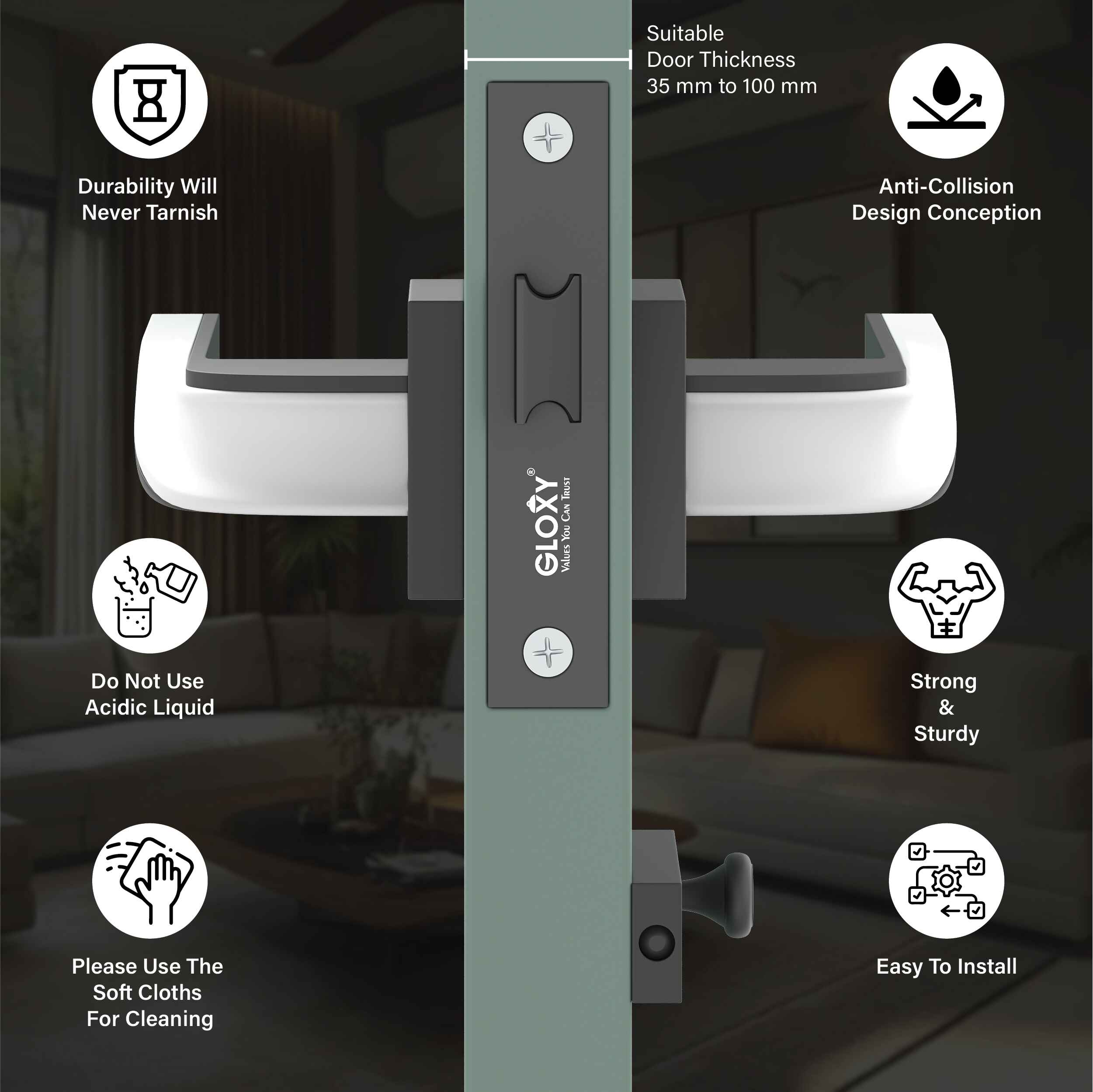 GLOXY Brass Door Lock for Balcony Store Room Door Lock, Mortise Keyless Handle Set with Brass Baby Latch for Home,Office,Hotel |Black & White Finish (2 Years Warranty, Pack of 1)