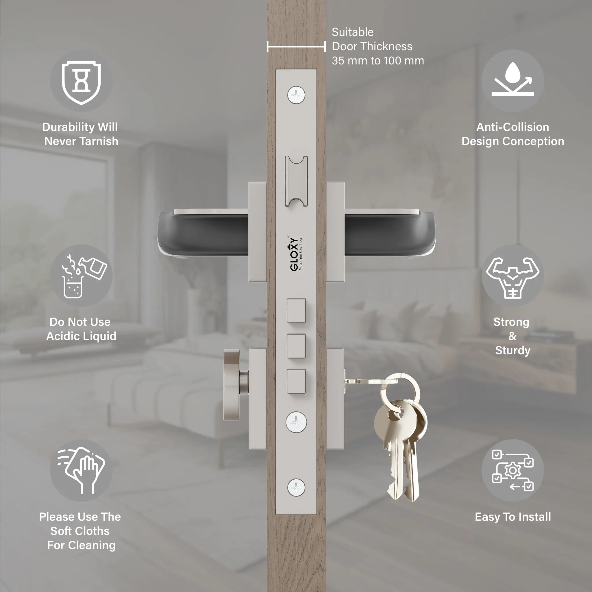 Gloxy Morza Series Satin Chrome Finish Mortise Main Door key Lock With Handle