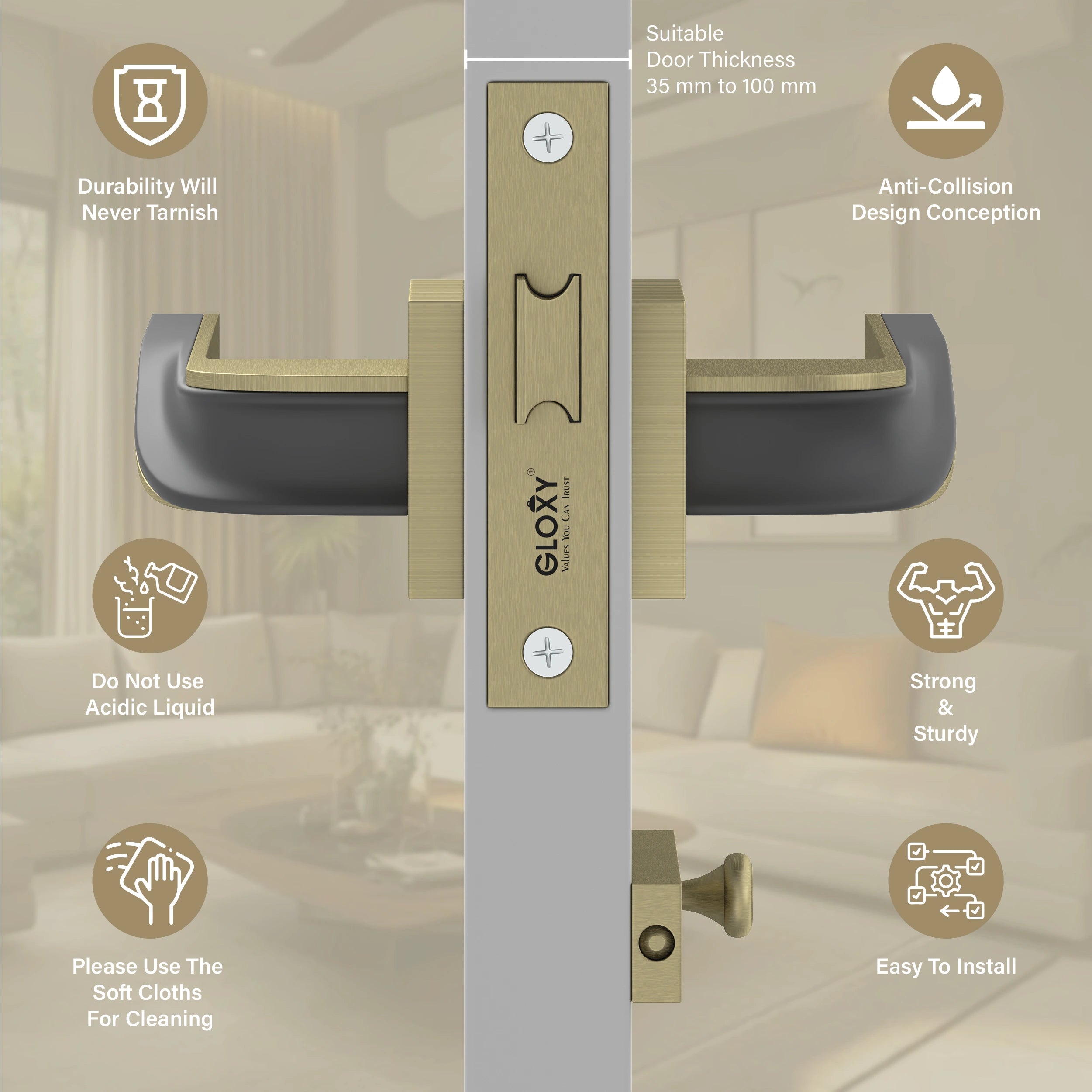 GLOXY Brass Door Lock for Balcony Store Room Door Lock, Mortise Keyless Handle Set with Brass Baby Latch for Home,Office,Hotel | Antique & Black Finish (2 Years Warranty, Pack of 1)