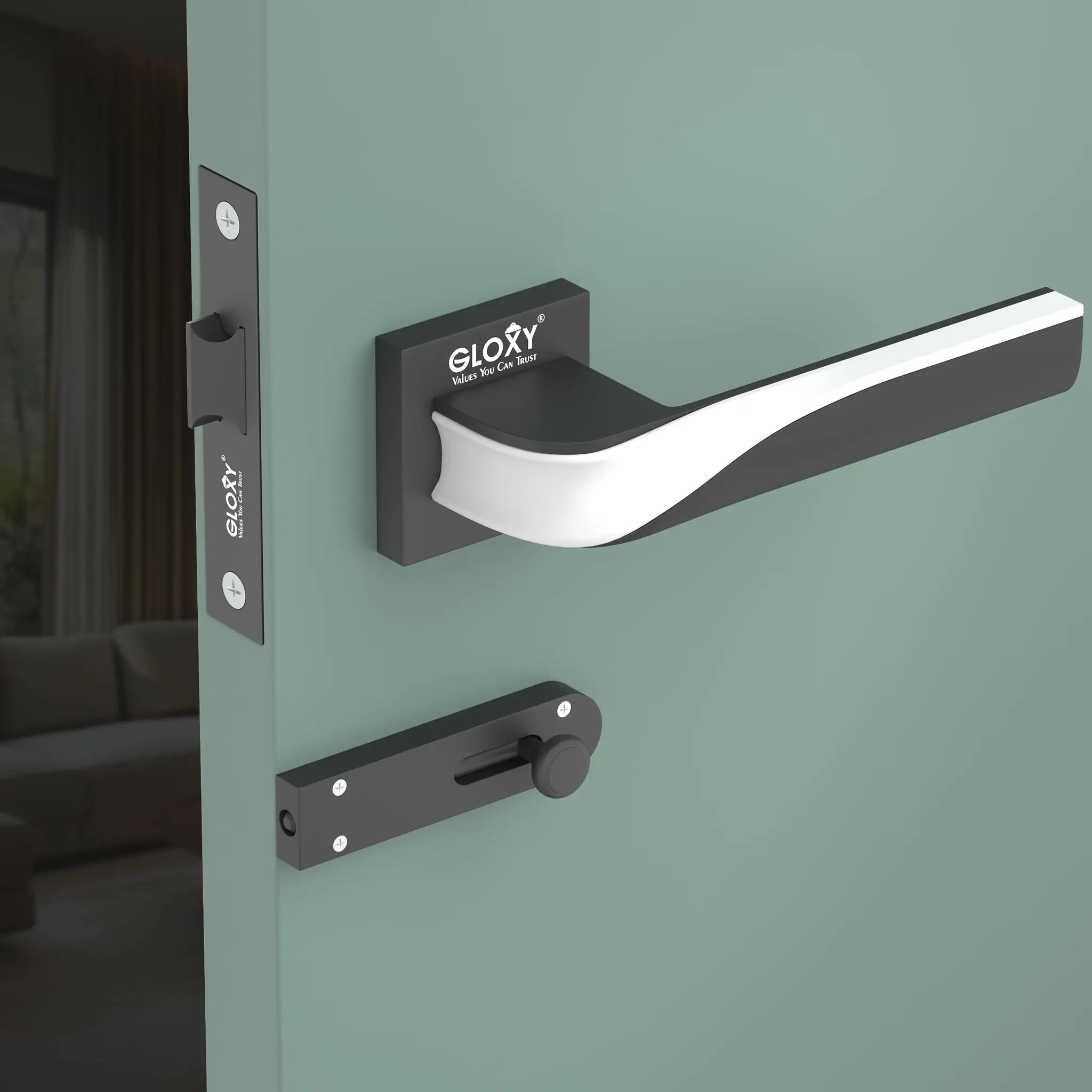 Gloxy Morza Series Black Finish Mortise Bathroom Door Latch Lock With Handle