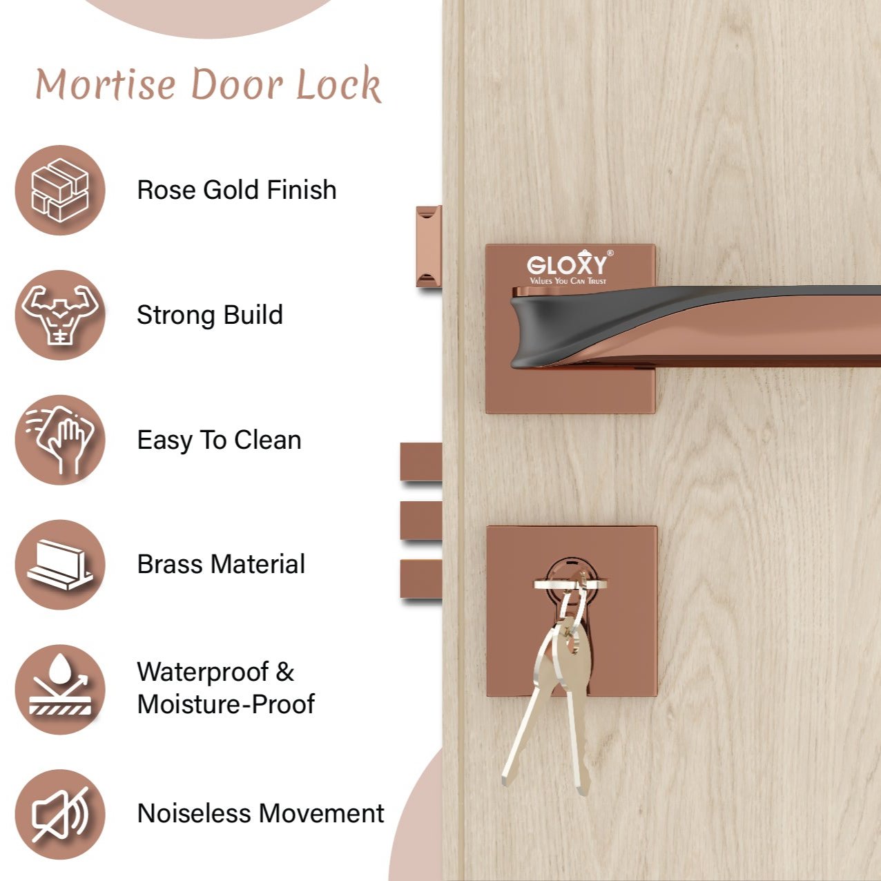 Mortise Door Handles Main Door Lock Handles Set with 3 Keys for Safety of Home | Bedroom, Office, Hotel, Home(Rose Gold)-by GLOXY®