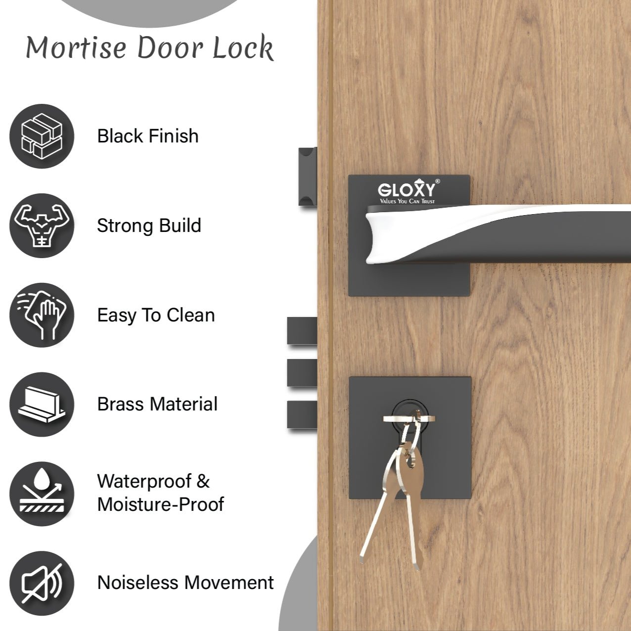 Mortise Door Handles Main Door Lock Handles Set with 3 Keys for Safety of Home | Bedroom, Office, Hotel, Home(Black)-by GLOXY®