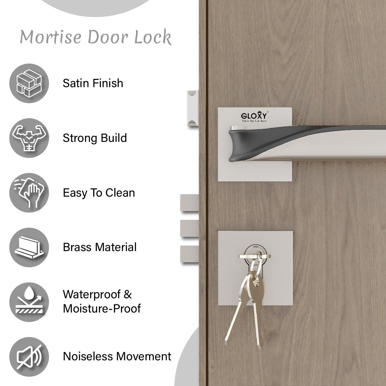 Mortise Door Handles Main Door Lock Handles Set with 3 Keys for Safety of Home | Bedroom, Office, Hotel, Home(satin chrome)-by GLOXY®