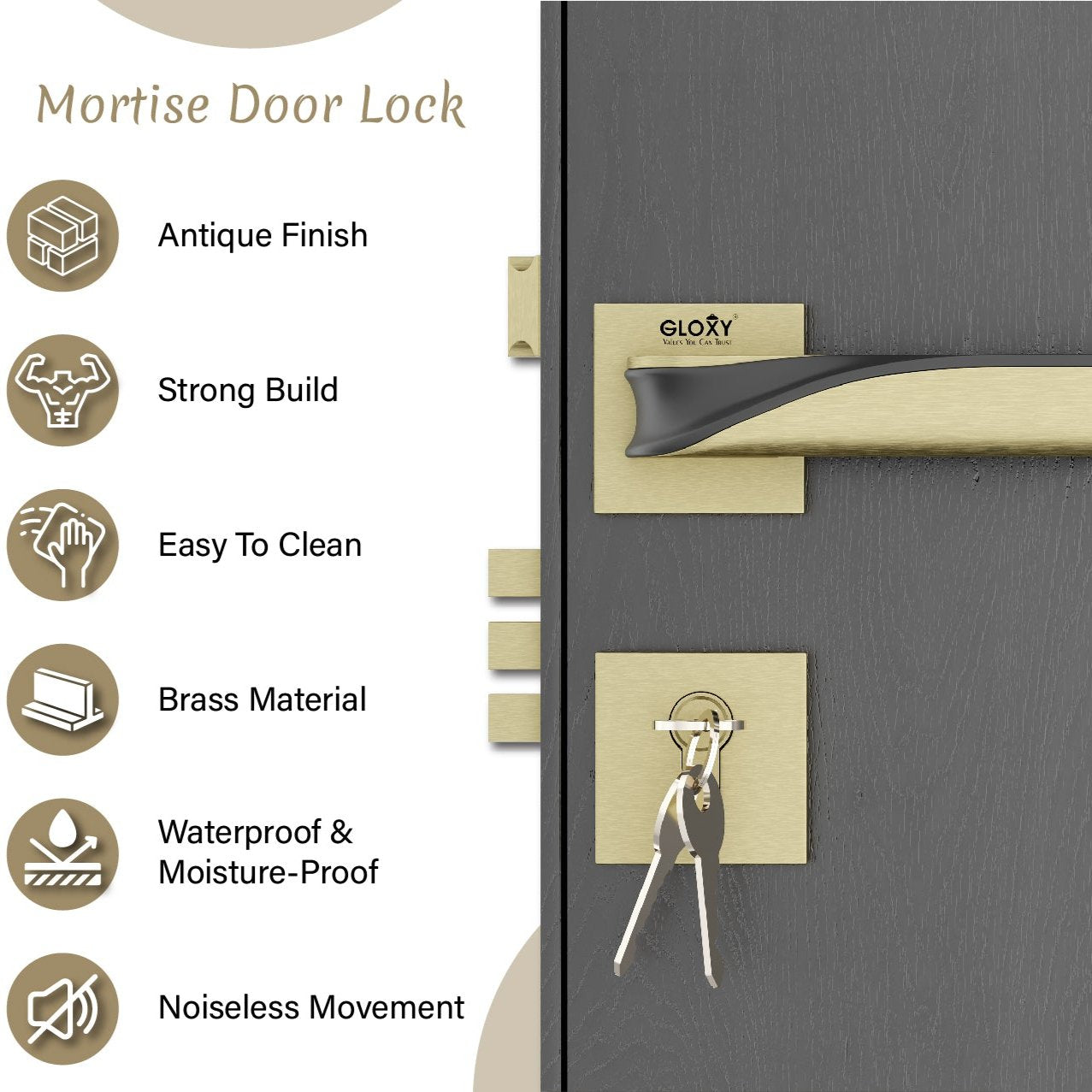 Mortise Door Handles Main Door Lock Handles Set with 3 Keys for Safety of Home | Bedroom, Office, Hotel, Home(Antique)-by GLOXY®