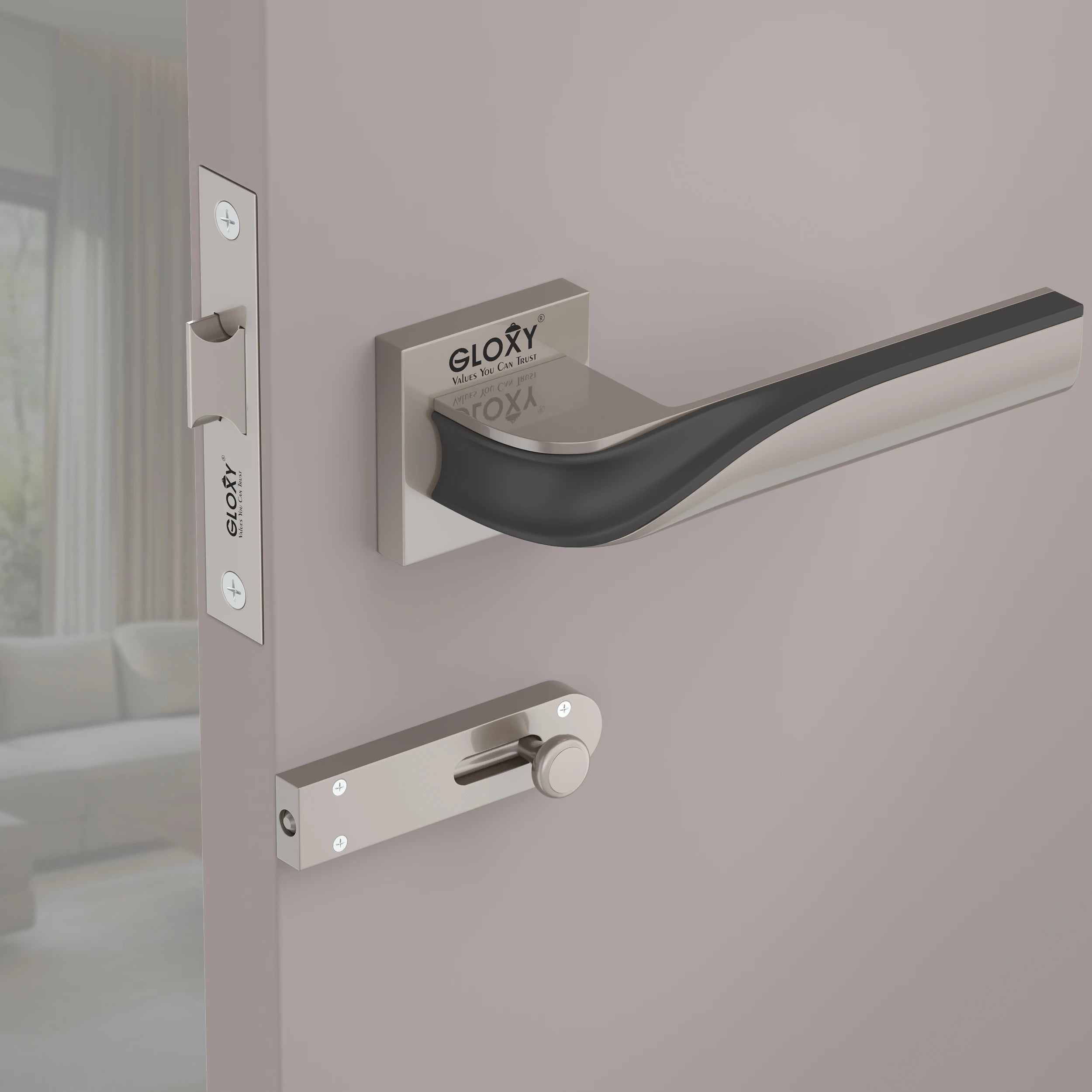 Gloxy Morza Series Satin Chrome Finish Mortise Bathroom Door Latch Lock With Handle