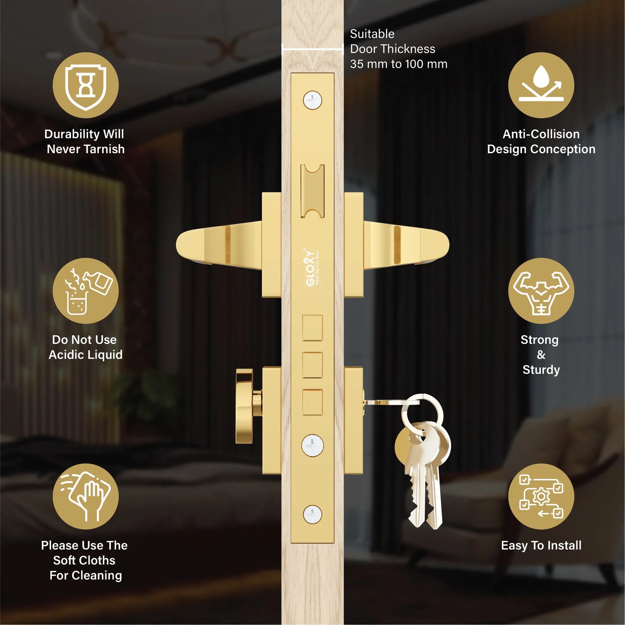 Gloxy Orbix Series Gold Finish Mortise Main Door key Lock With Handle