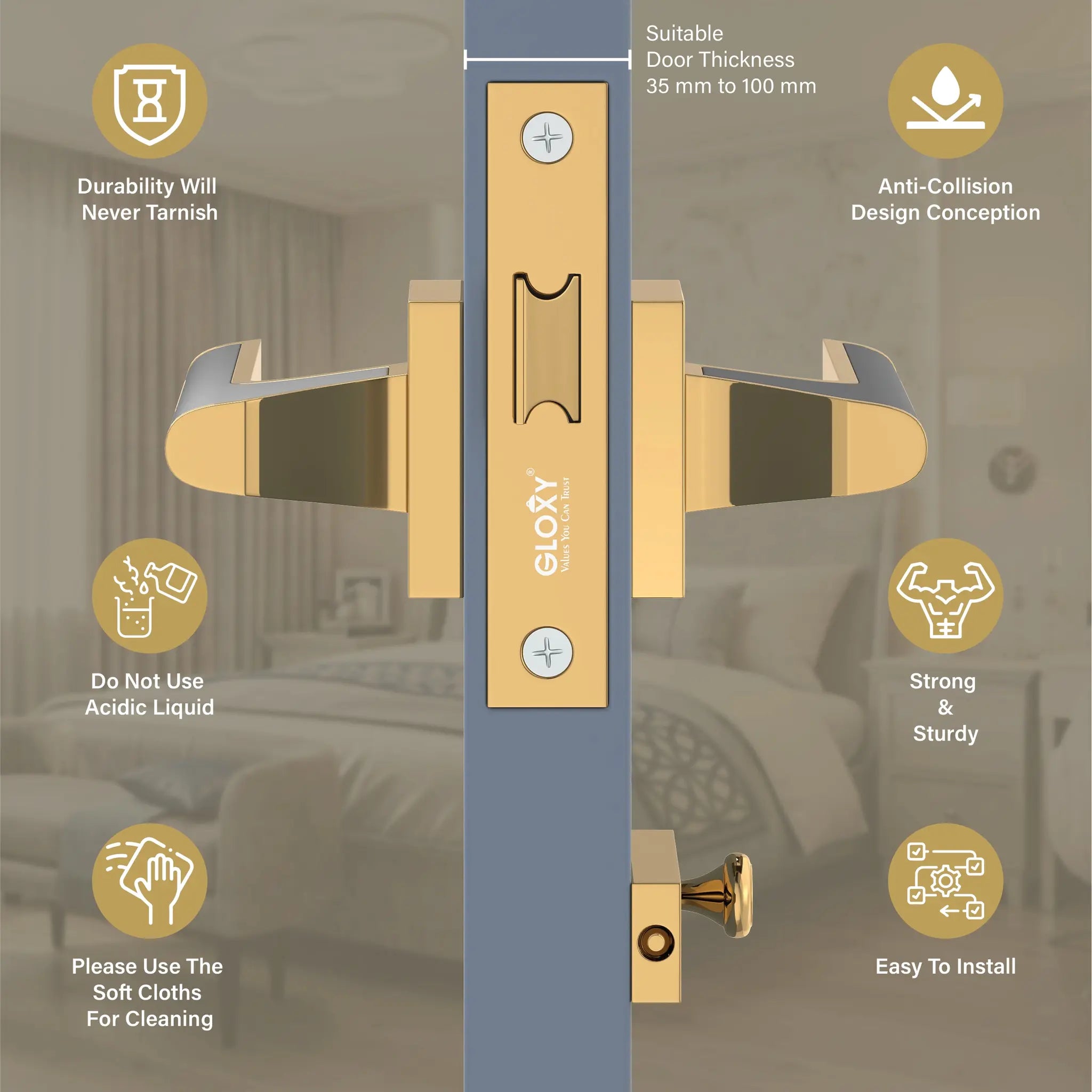 Gloxy Orbix Series Gold Finish Mortise Bathroom Door Latch Lock With Handle