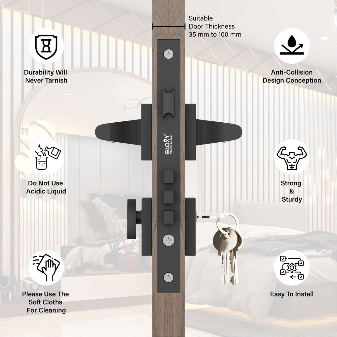 Mortise Door Handles Main Door Lock Handles Set with 3 Keys for Safety of Home | Bedroom, Office, Hotel, Home(Black)-by GLOXY®