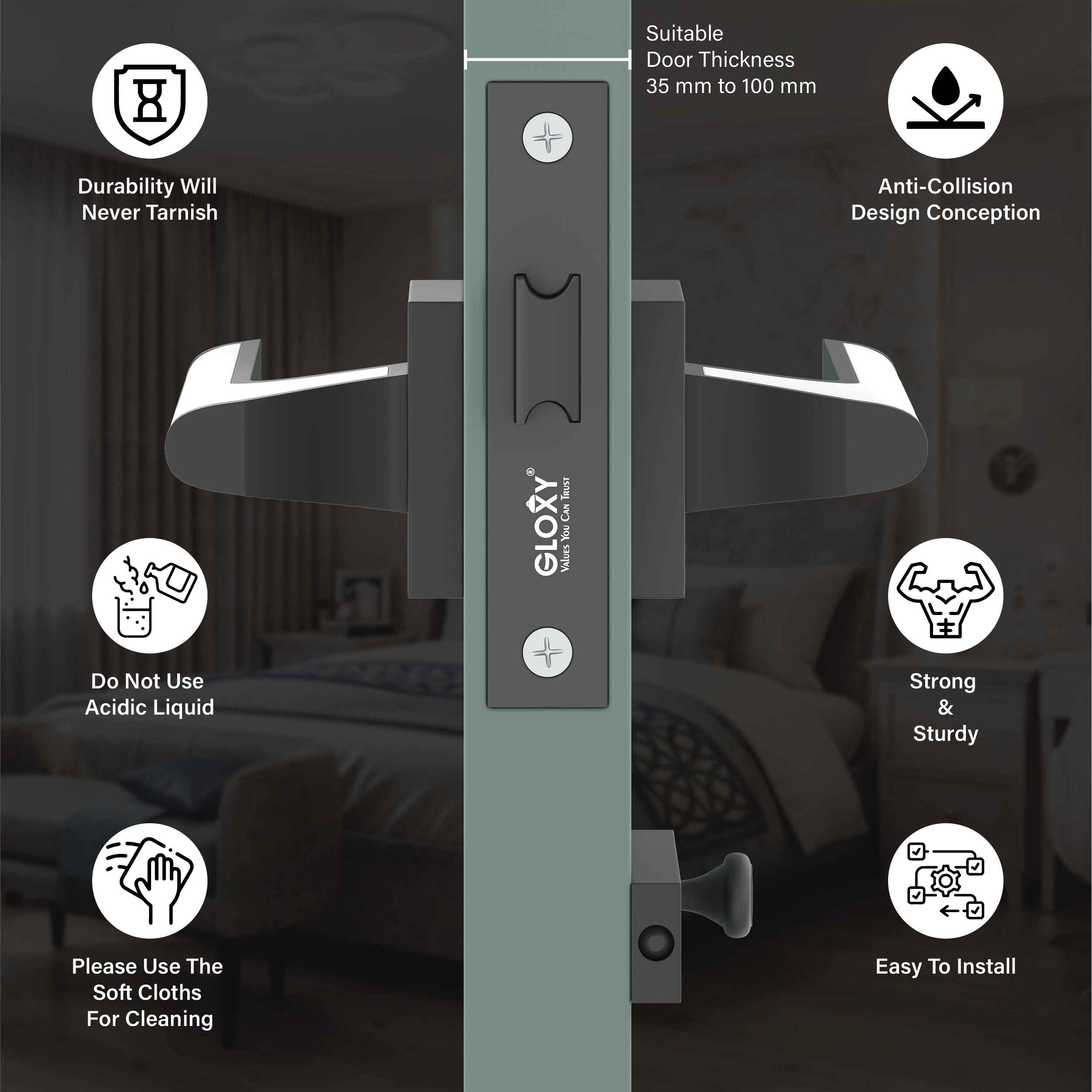 GLOXY Brass Door Lock for Balcony Store Room Door Lock, Mortise Keyless Handle Set with Brass Baby Latch for Home,Office,Hotel | Black & White Finish (2 Years Warranty, Pack of 1)