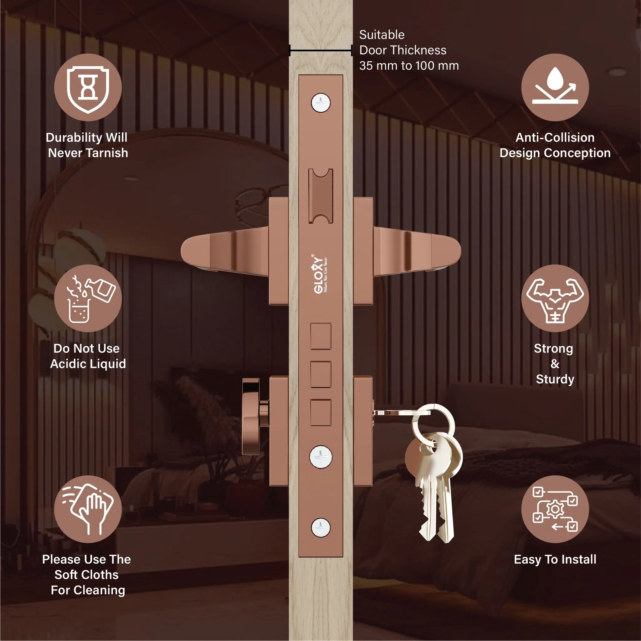 Gloxy Orbix Series Rose Gold Finish Mortise Main Door key Lock With Handle
