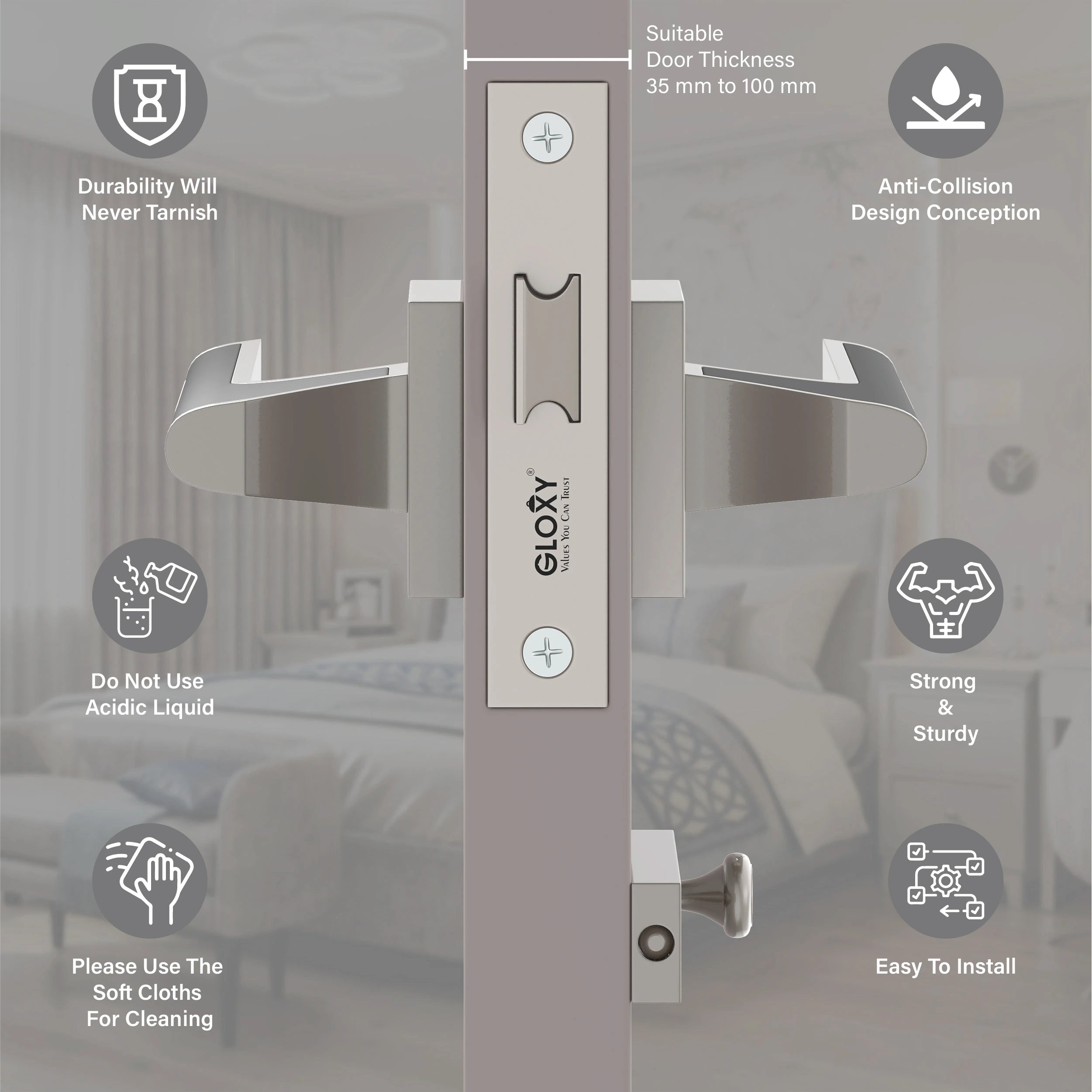 GLOXY Brass Door Lock for Balcony Store Room Door Lock, Mortise Keyless Handle Set with Brass Baby Latch for Home,Office,Hotel | Satin & Black Finish (2 Years Warranty, Pack of 1)