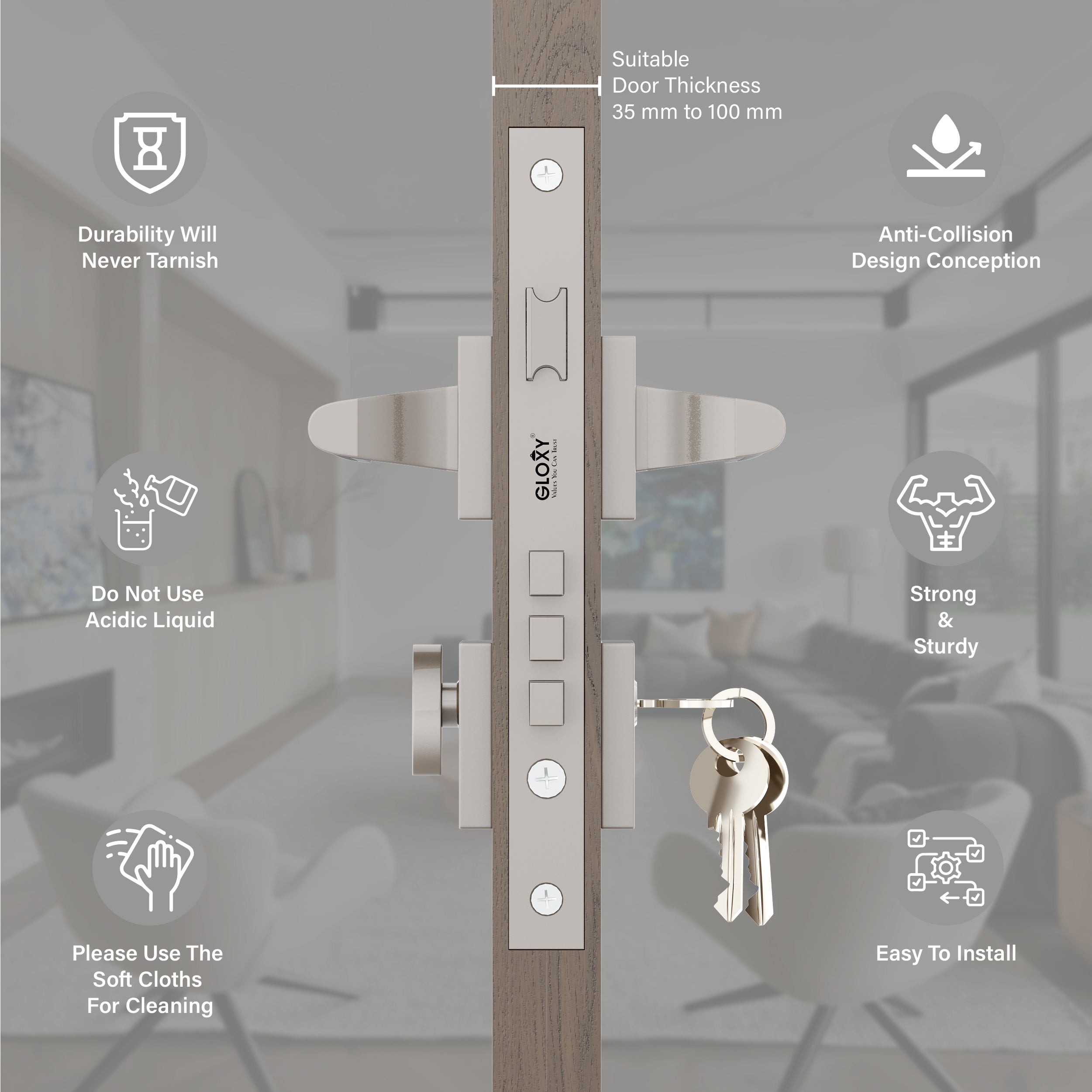 Mortise Door Handles Main Door Lock Handles Set with 3 Keys for Safety of Home | Bedroom, Office, Hotel, Home(Satin Chrome)-by GLOXY®