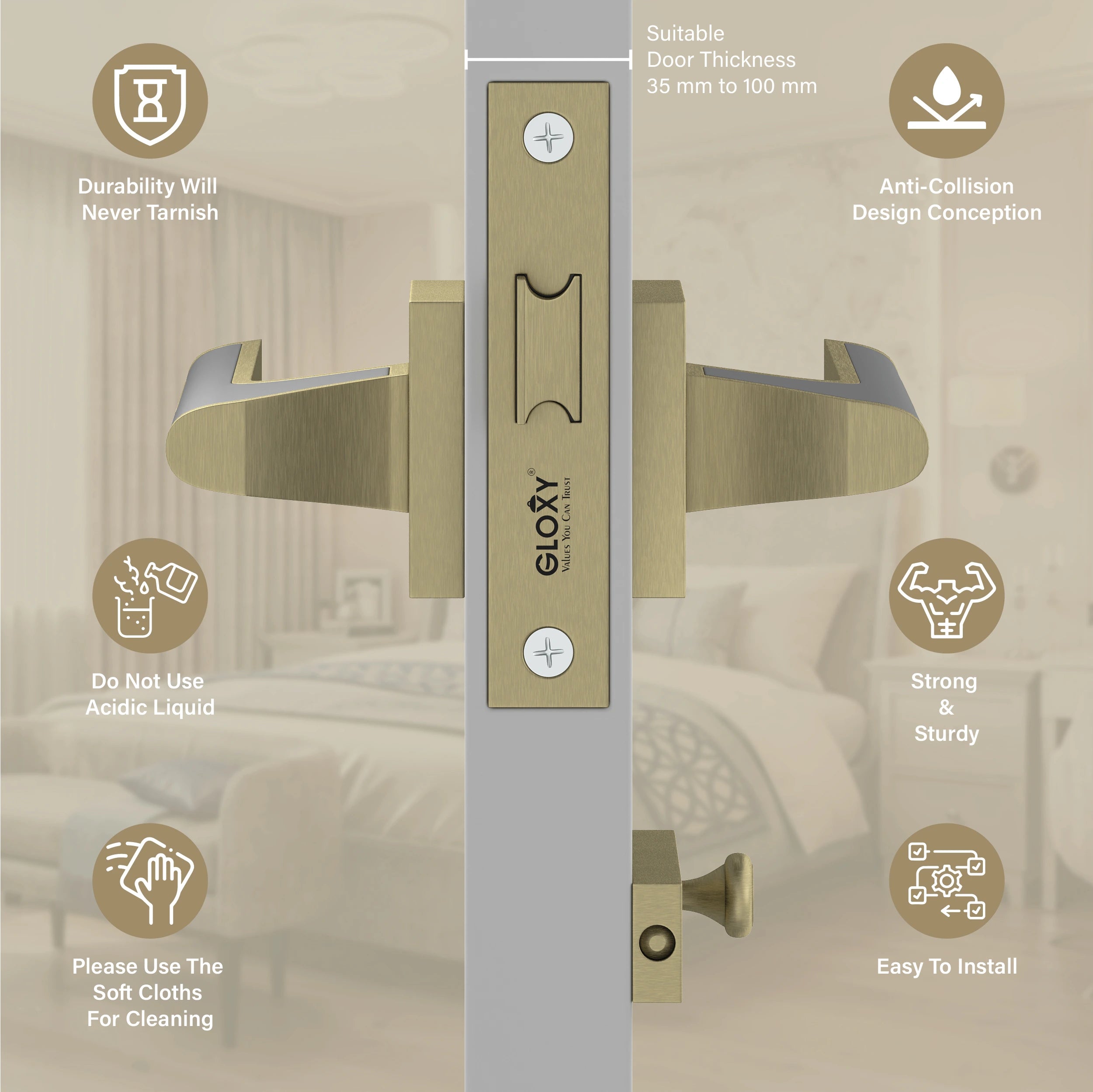 GLOXY Brass Door Lock for Balcony Store Room Door Lock, Mortise Keyless Handle Set with Brass Baby Latch for Home,Office,Hotel | Antique & Black Finish (2 Years Warranty, Pack of 1)