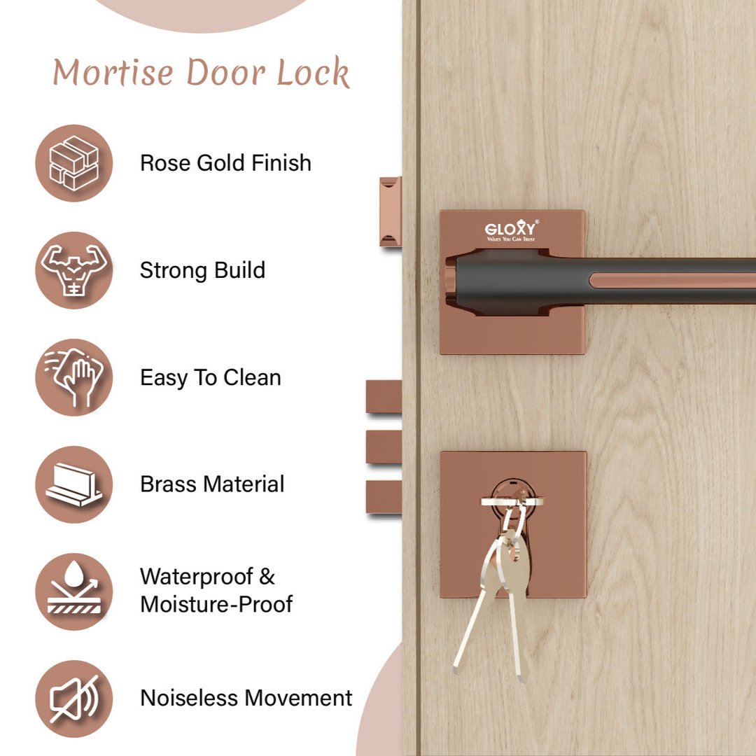 Mortise Door Handles Main Door Lock Handles Set with 3 Keys for Safety of Home | Bedroom, Office, Hotel, Home(Rose Gold)-by GLOXY®