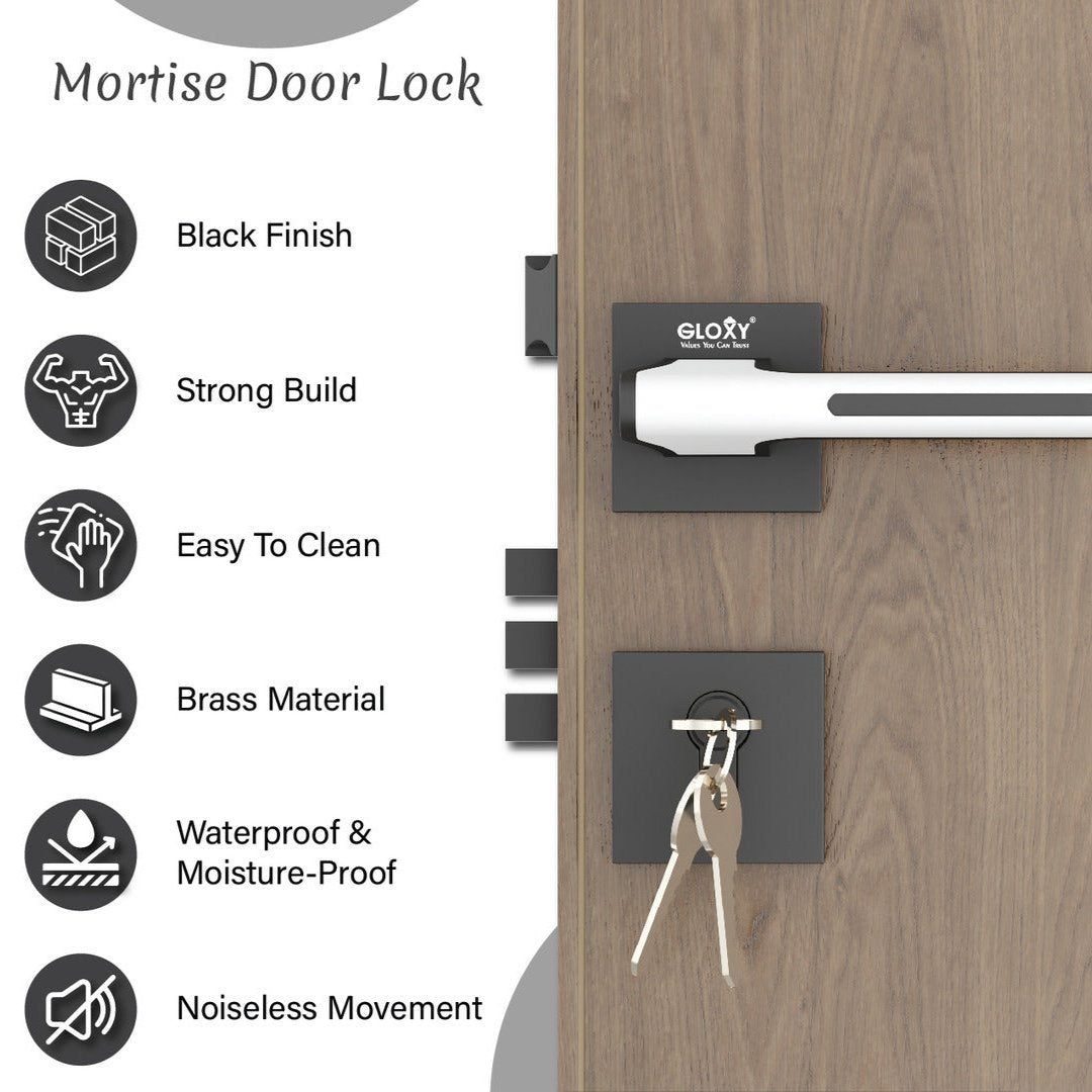 Mortise Door Handles Main Door Lock Handles Set with 3 Keys for Safety of Home | Bedroom, Office, Hotel, Home(Black)-by GLOXY®