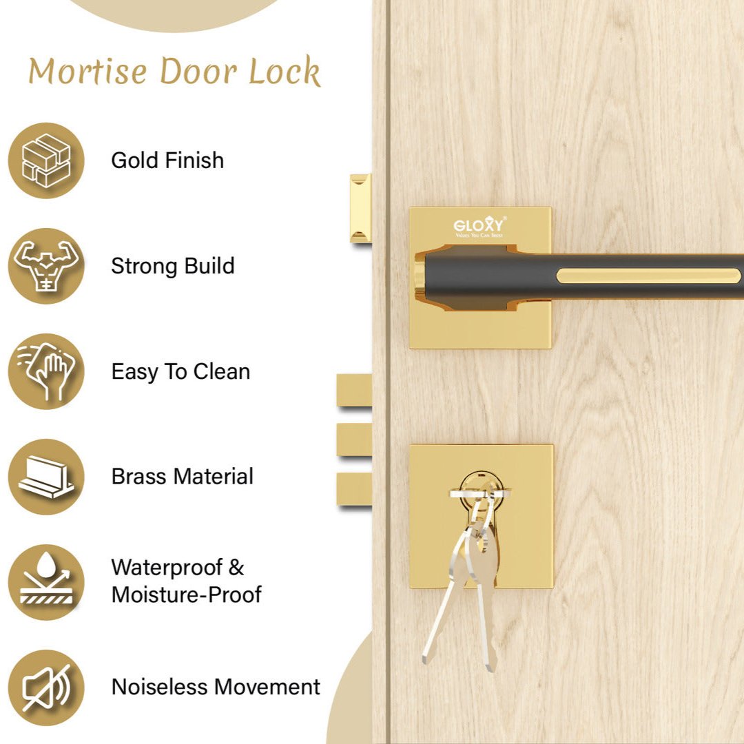 Mortise Door Handles Main Door Lock Handles Set with 3 Keys for Safety of Home | Bedroom, Office, Hotel, Home(Gold)-by GLOXY®