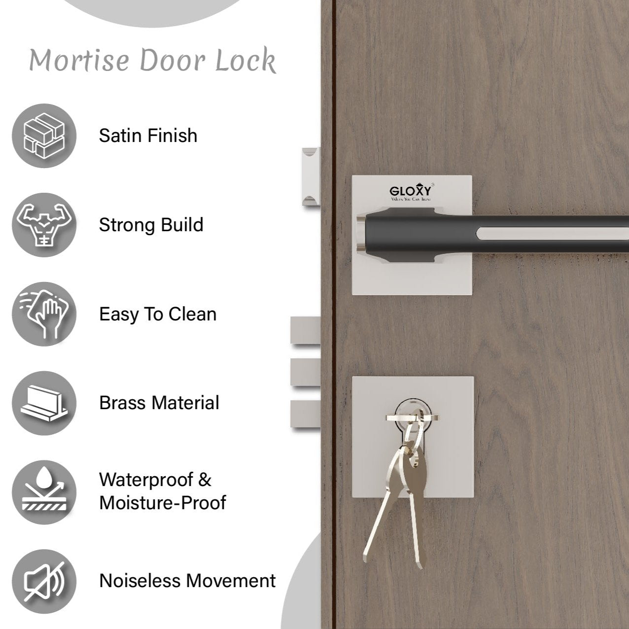 Mortise Door Handles Main Door Lock Handles Set with 3 Keys for Safety of Home | Bedroom, Office, Hotel, Home(Satin Chrome)-by GLOXY®