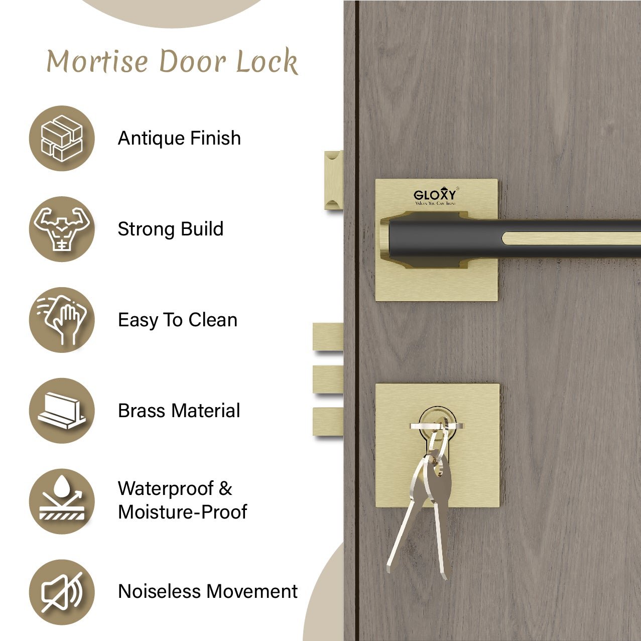 Mortise Door Handles Main Door Lock Handles Set with 3 Keys for Safety of Home | Bedroom, Office, Hotel, Home(Rose Gold)-by GLOXY®