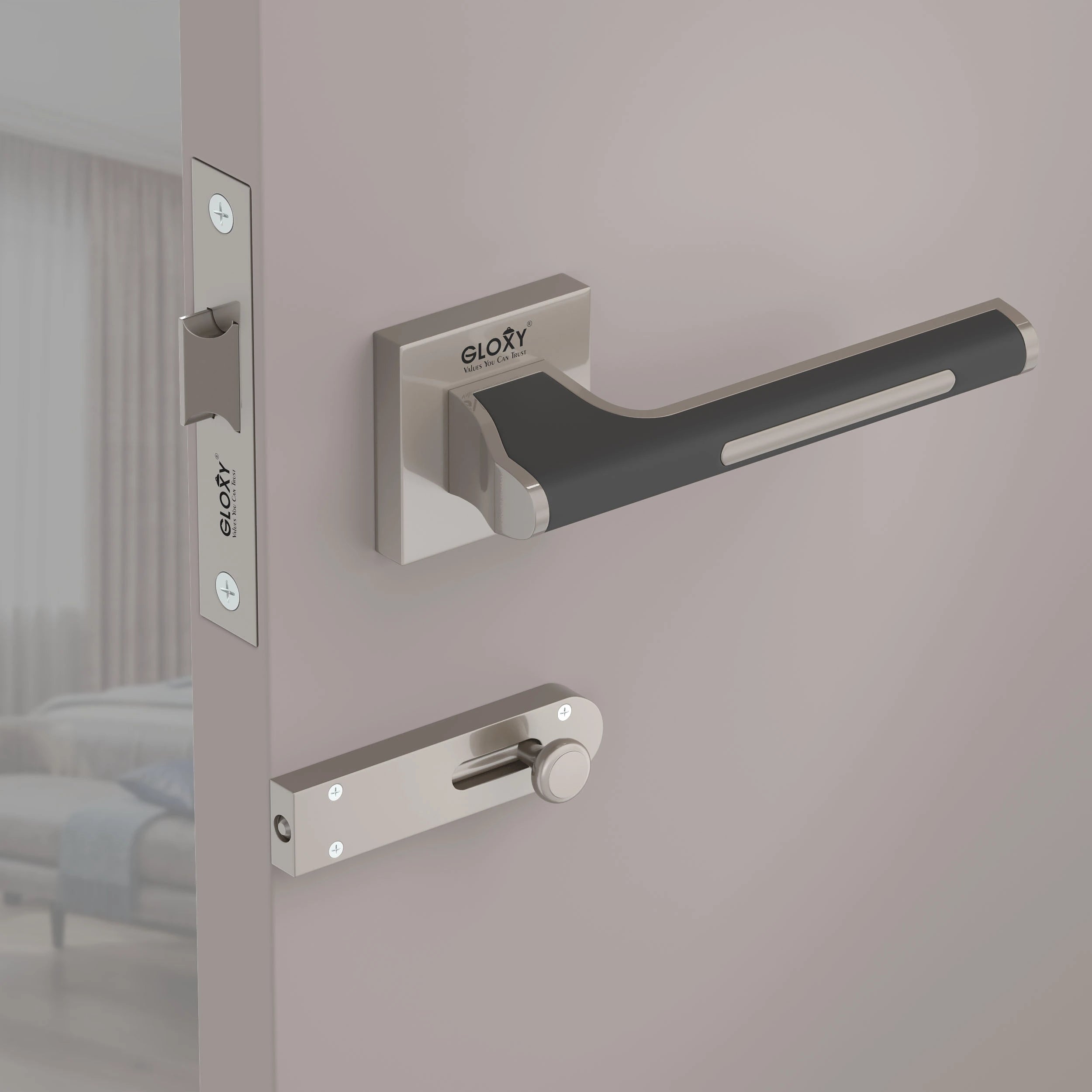 Gloxy Orbix Series Satin Chrome Finish Mortise Bathroom Door Latch Lock With Handle