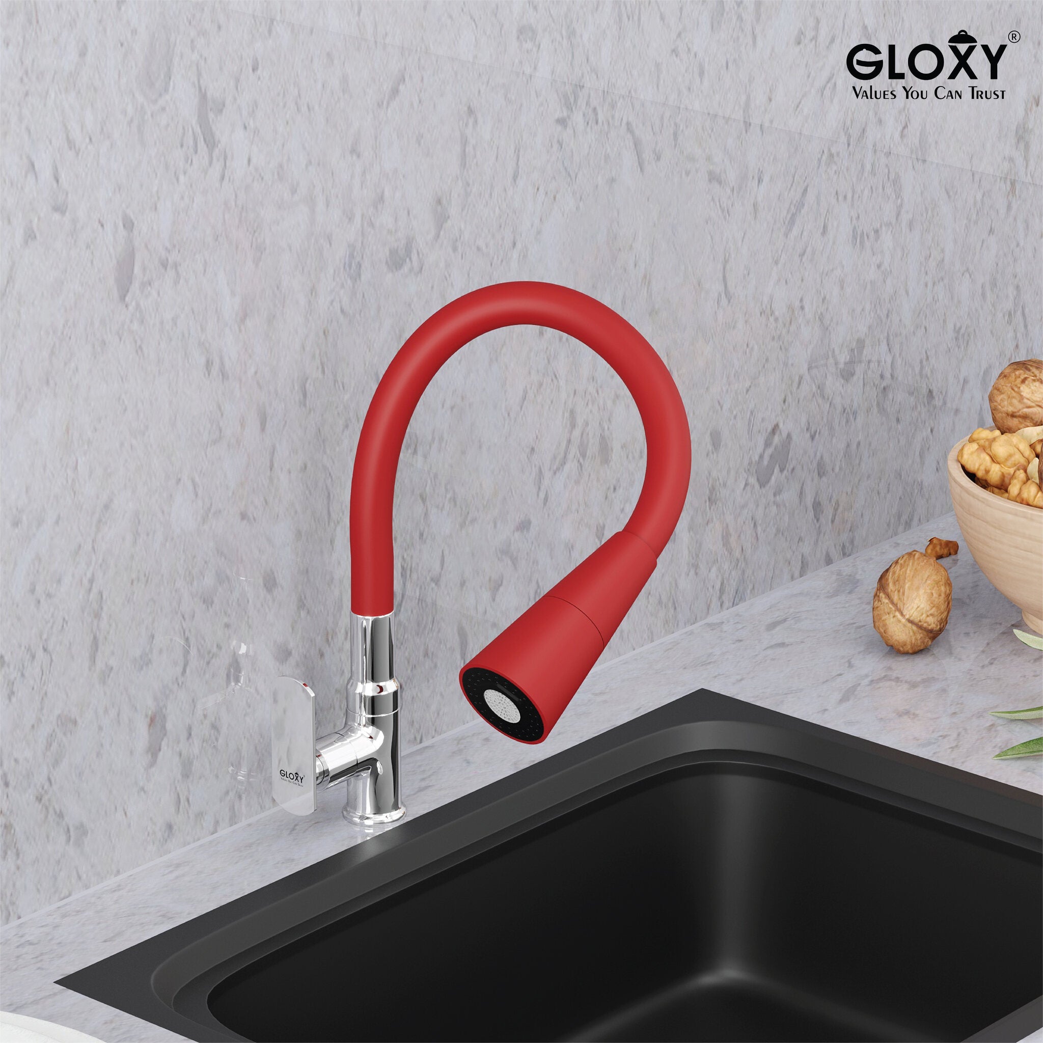 Gloxy Brass Kitchen Faucet with Chrome Finished Leak Proof Touch Lever - Grey 20 Inch Silicon Flexible Spout with Single Flow Water Saving Nozzle for Kitchen - 10 Years Warranty on Spindle Only
