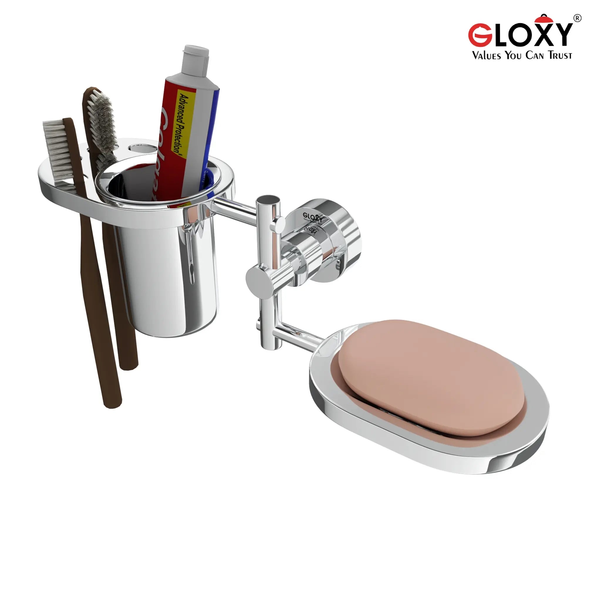Gloxy Round Shape Stainless Steel 202 Grade Chrome Finish Single Soap Holder With Tumbler & Toothbrush Holder