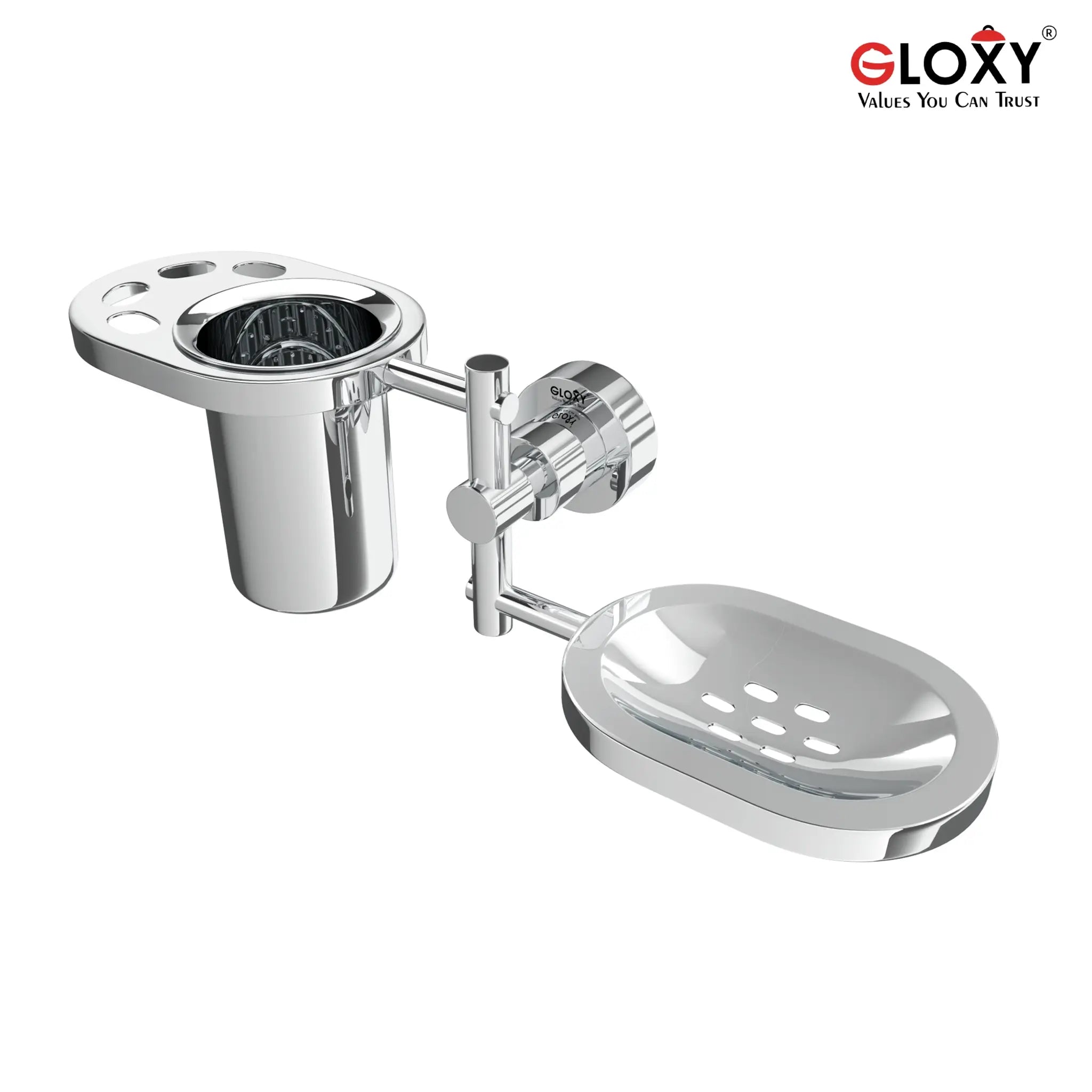 Round Shape Stainless Steel SS304 Soap Dish with Glass Toothbrush Holder(Silver)-by GLOXY®
